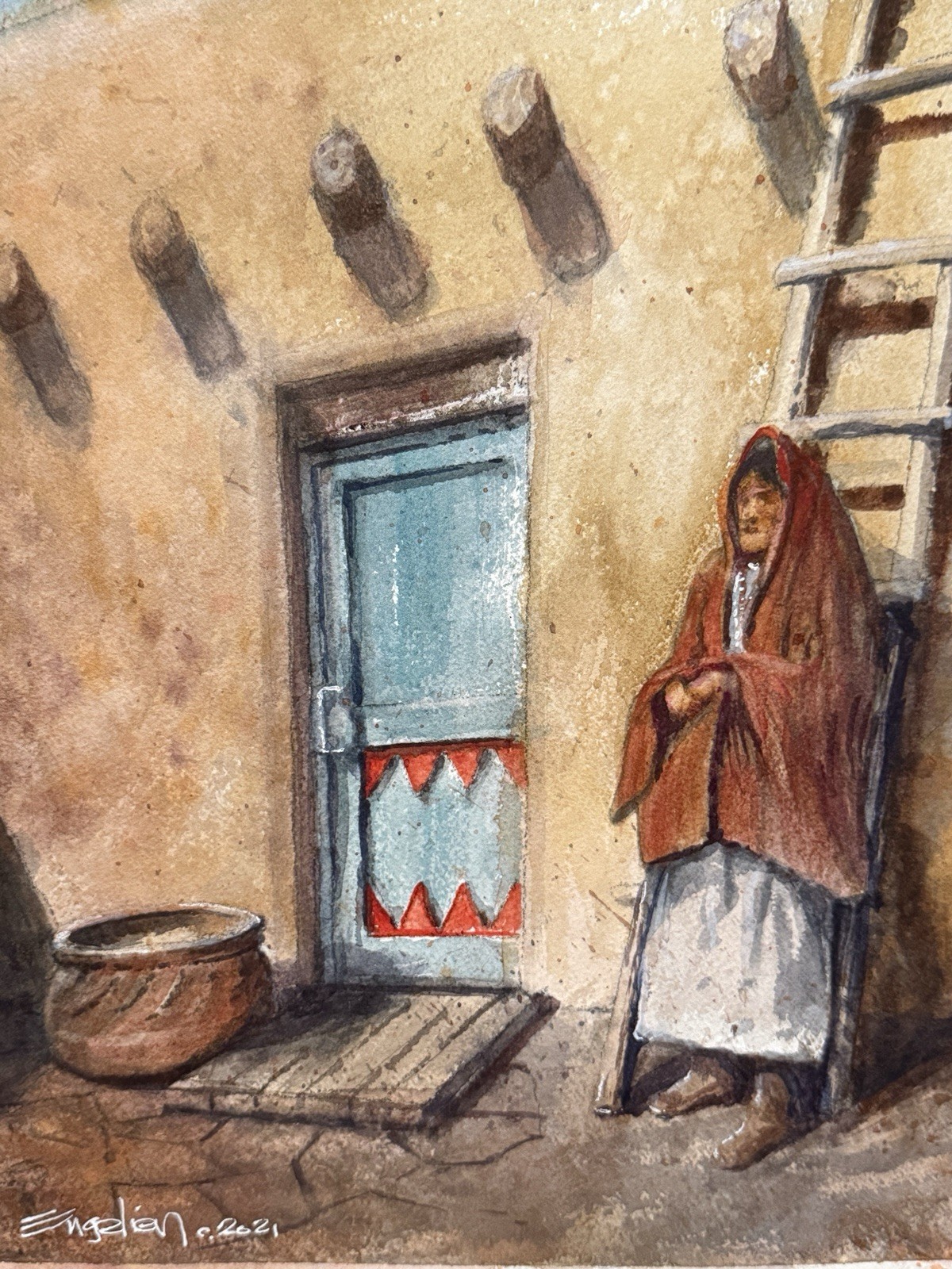 Mark Engelien Original Watercolor Painting 2021 Southwest Pueblo Architecture