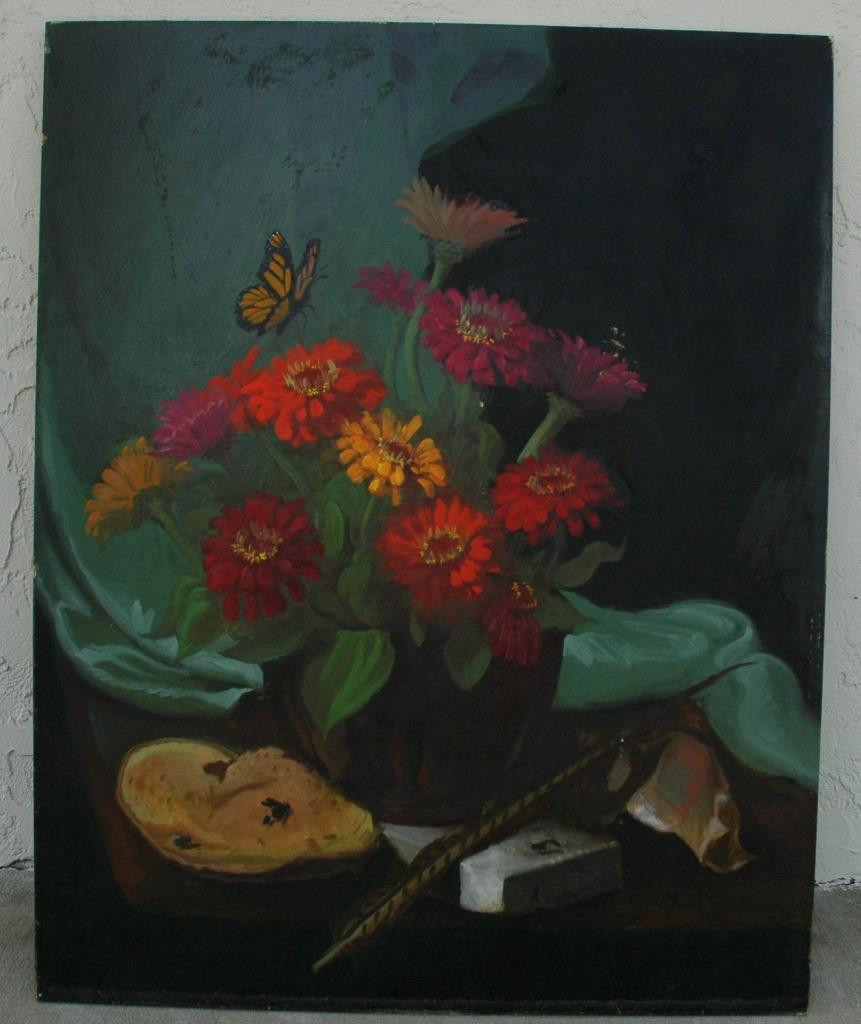 Oil on Masonite Still Life With Zinias and A Butterfly Signed E. S. de Vor