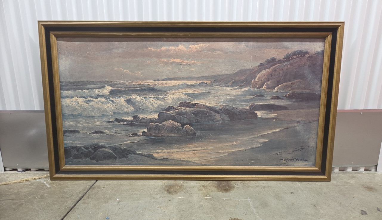 Robert Wood Signed Framed Realism Large Canvas Seascape Coast Rocks Ocean