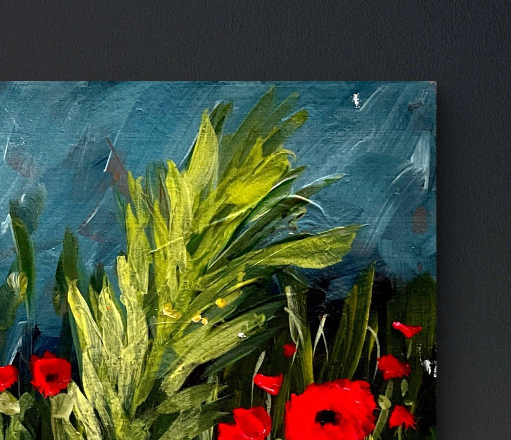 Red Poppy Meadow Textured Painting Original Hand Painted on wood cradled panel