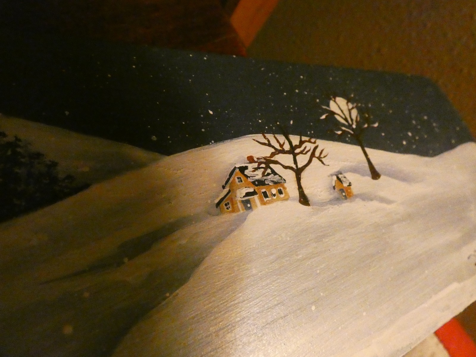 Winter Train Station Original Oil Painting on Wood Fan Blade Artist Signed