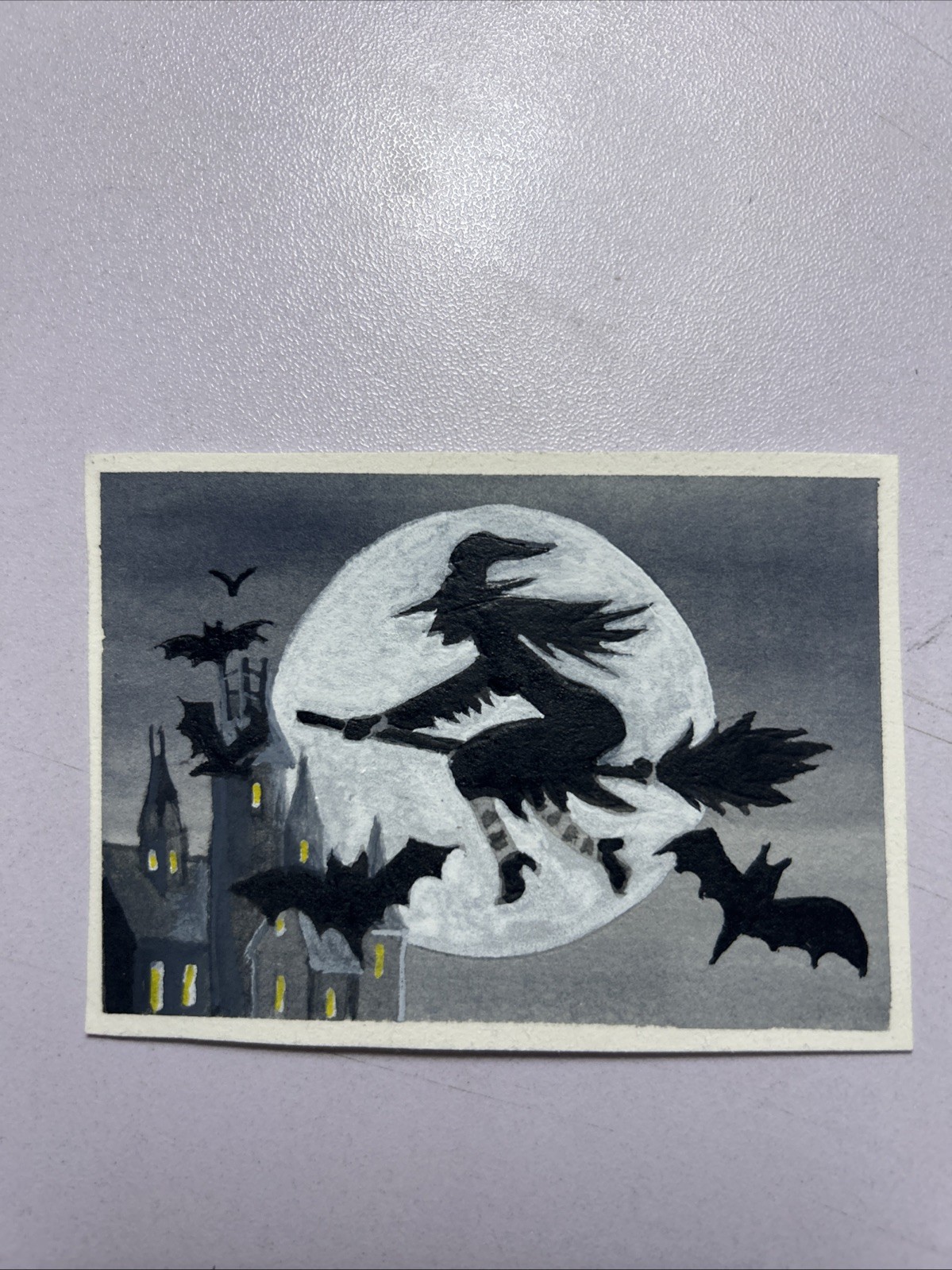ACEO Art Card Original Contemporary Witch On Broom Evil Castle Signed by Artist