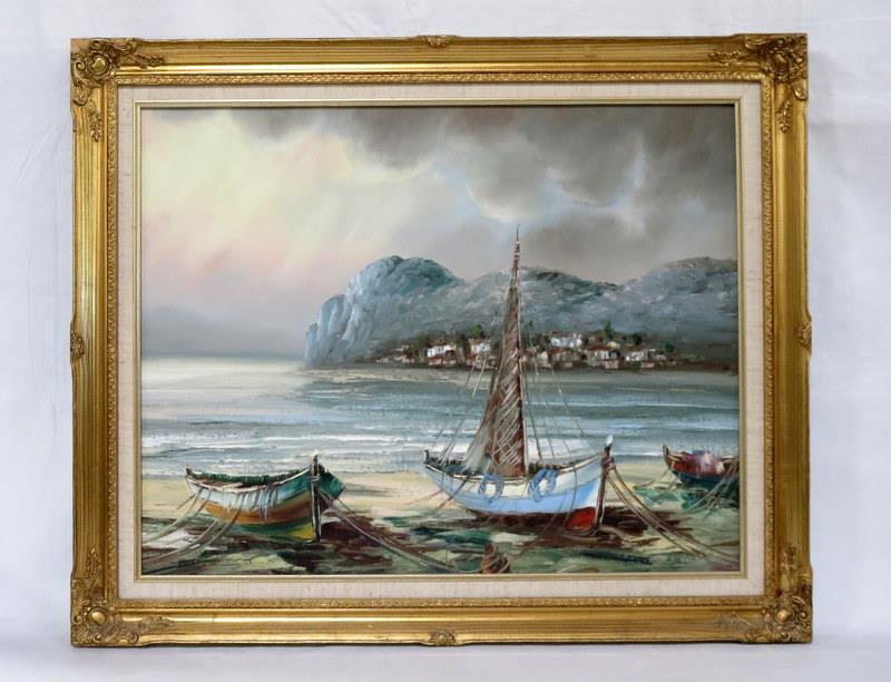 Vintage Oil on Canvas Painting Coastal Marine Boats Mystery Artist 33.5 x 27.5