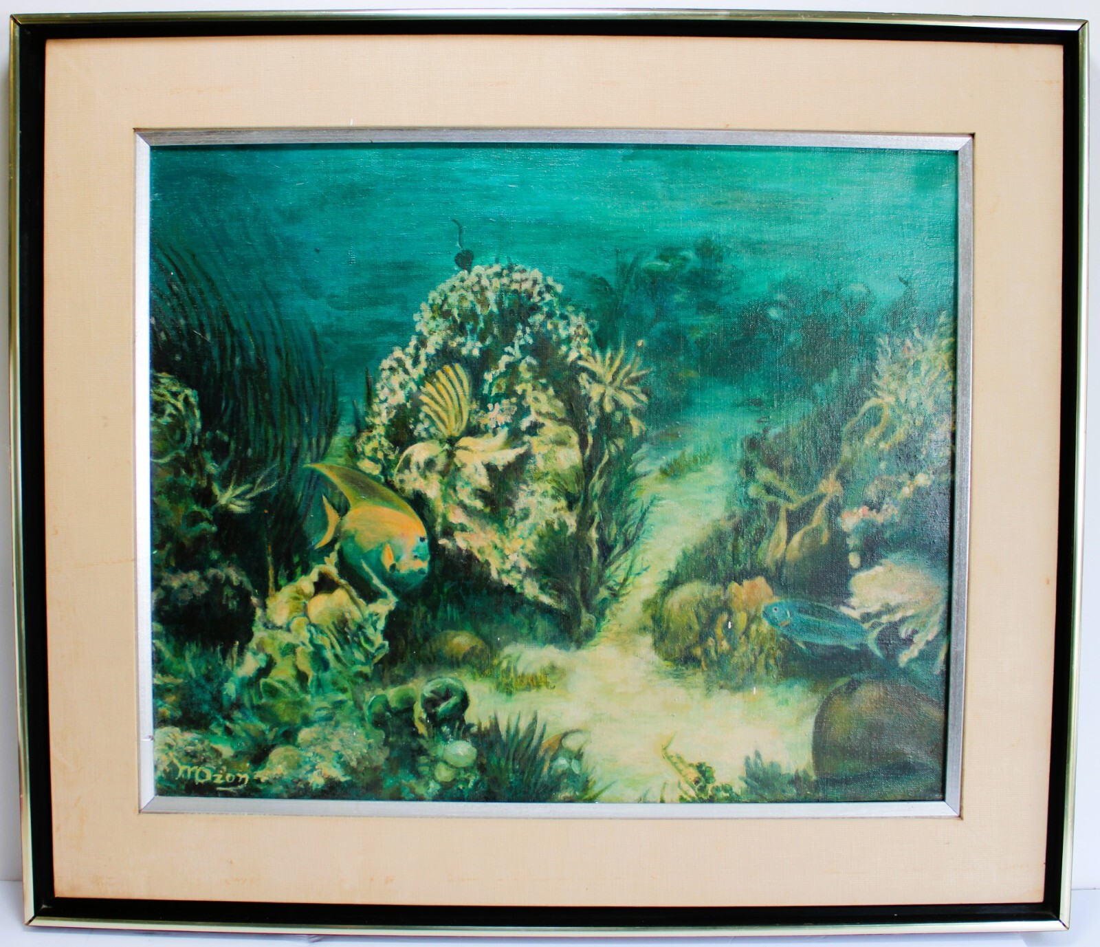 VINTAGE OIL PAINTING CANVAS 1960’S SIGNED CORAL REEF SEA LIFE UNDERWATER MARINE