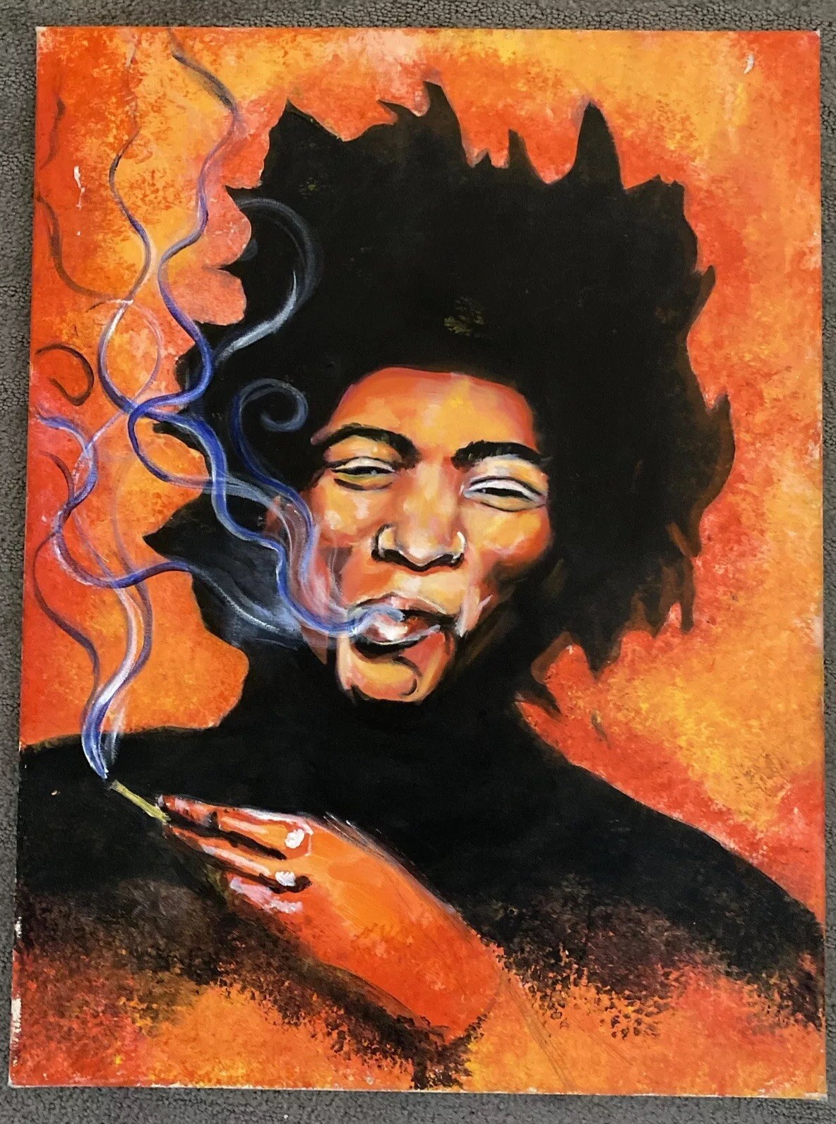 Vntg Jimmy Hendrix Portrait Original Oil Painting 24” X 18” Smoking Canvas Rare!