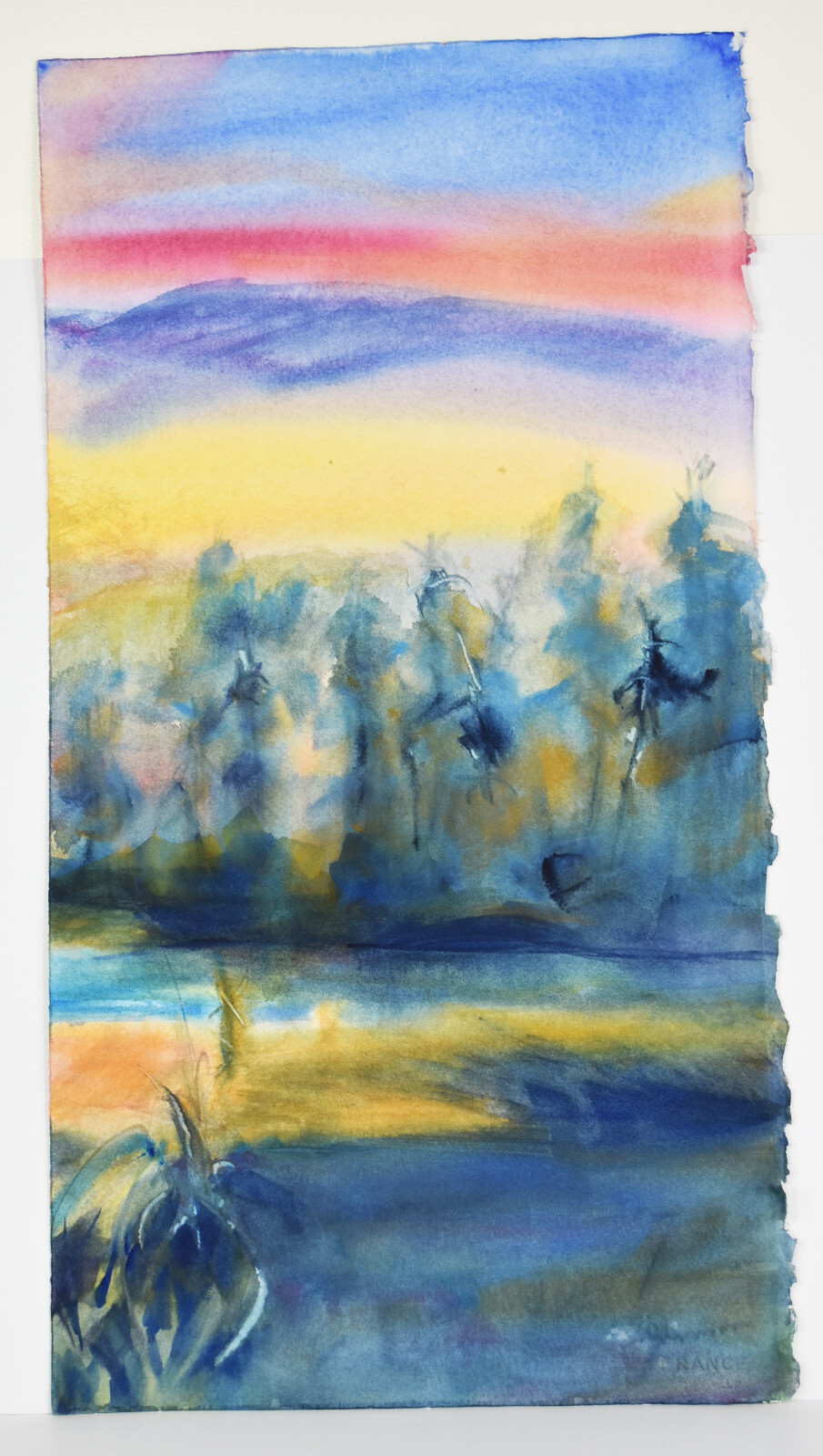 25″ Watercolor Painting Paper Carolynn Mann Art Abstract Lakescape Forest Trees