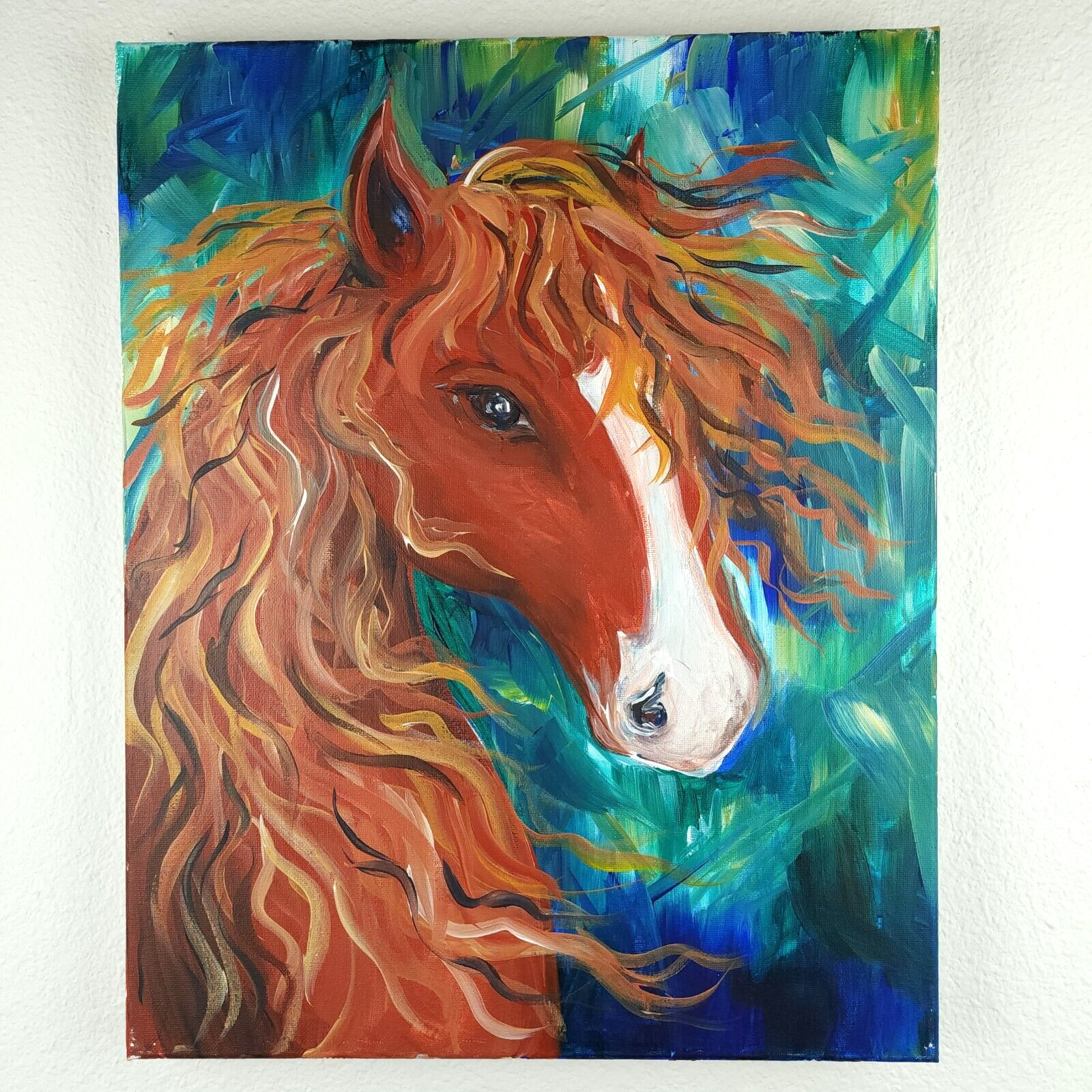 Horse Painting Impressionist Canvas Original Art 16×20 Acrylic Blue Green Brown