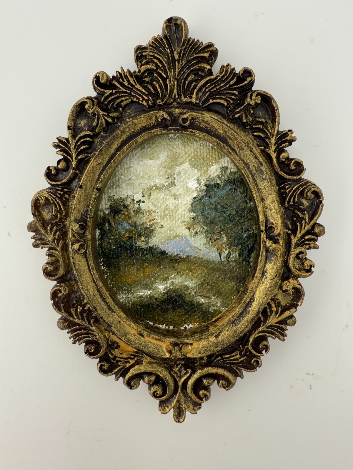 ORIGINAL landscape mini painting in handmade vintage style ornate frame