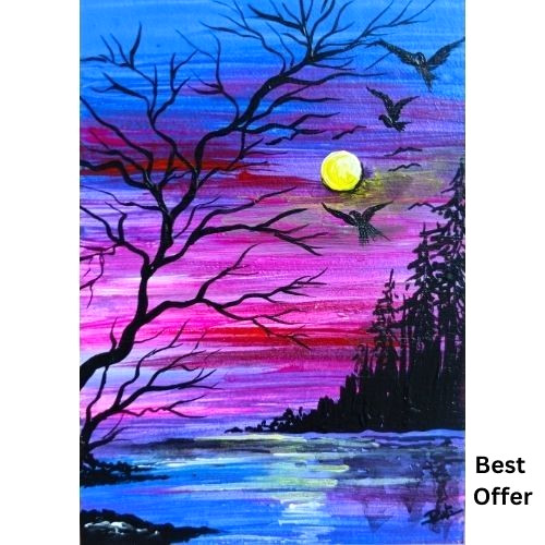 ACEO Original Landscape Nature Tree Sky Bird Lake Pop Art Acrylic Hand Paint NEW