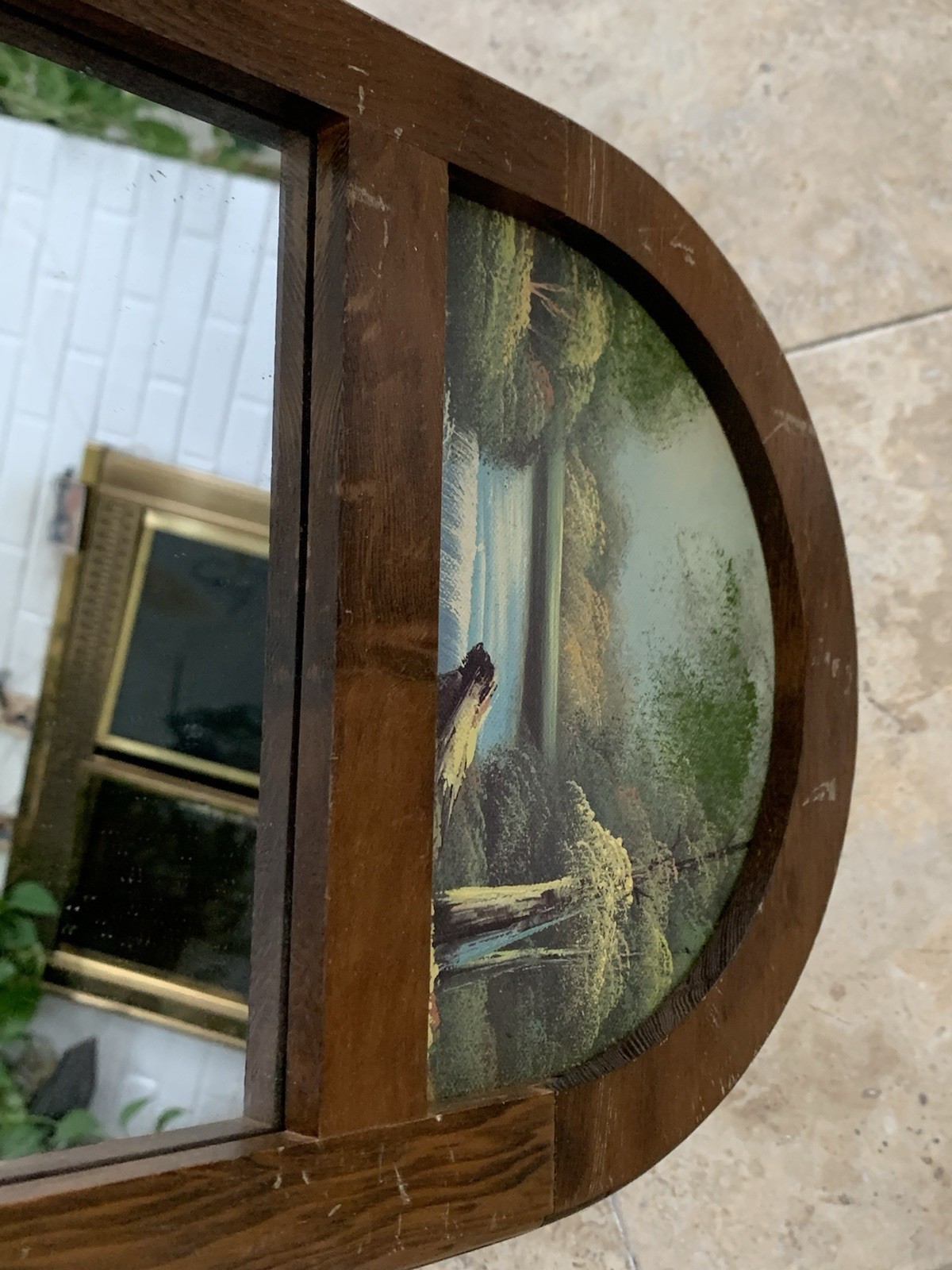 Vintage Walmart 70s Nature Oil Painting Above Mirror On Oak Frame,Taiwan, 13×9”