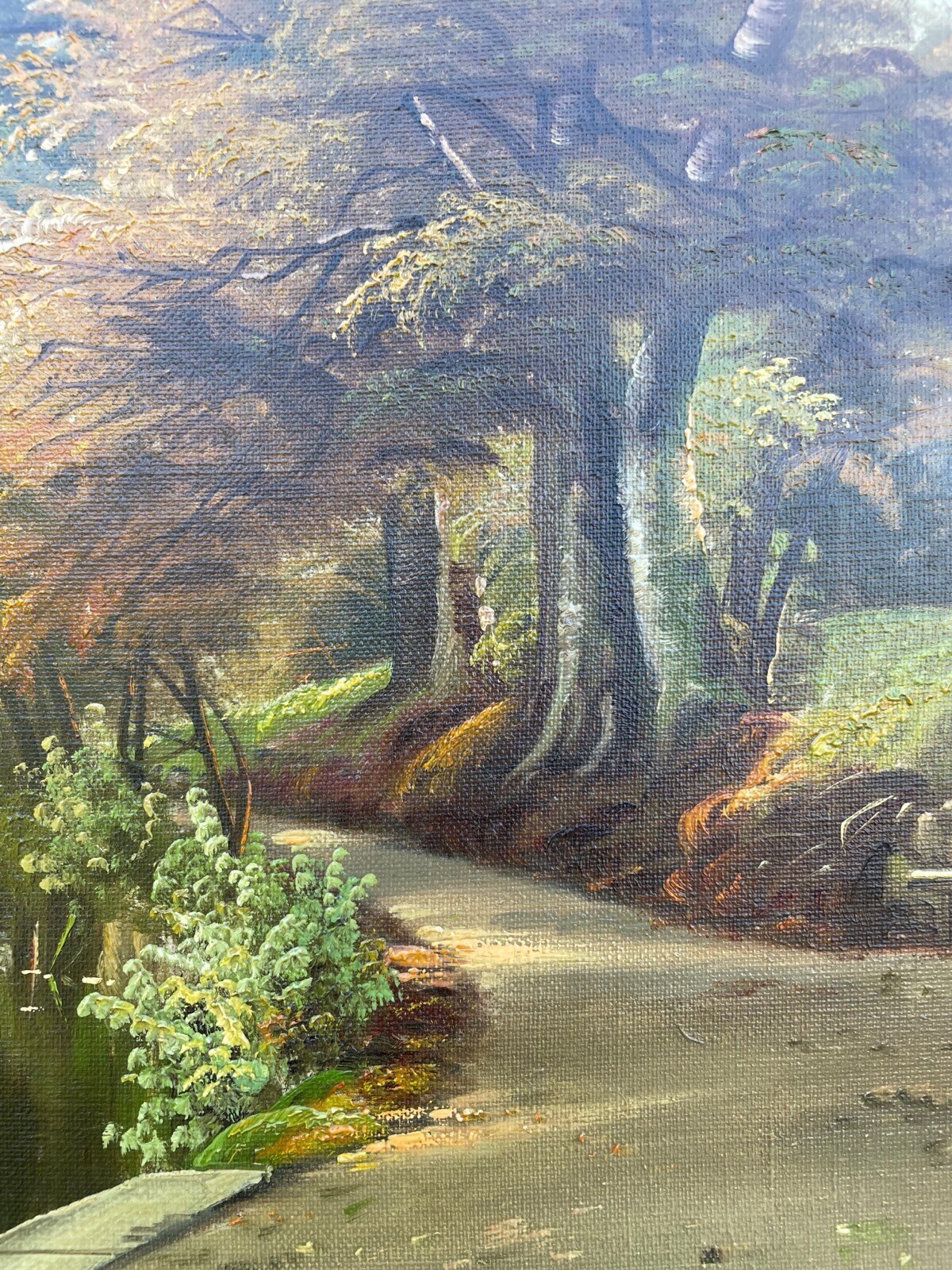 Impressionist Autumn Park Landscape Deciduous Trees Lake Bank Oil Painting 1936