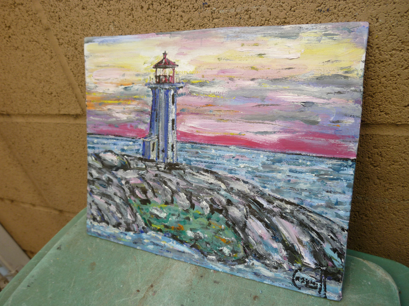 ROCKPOINT LIGHTHOUSE 8×10 ocean oil painting original art wood signed Crowell