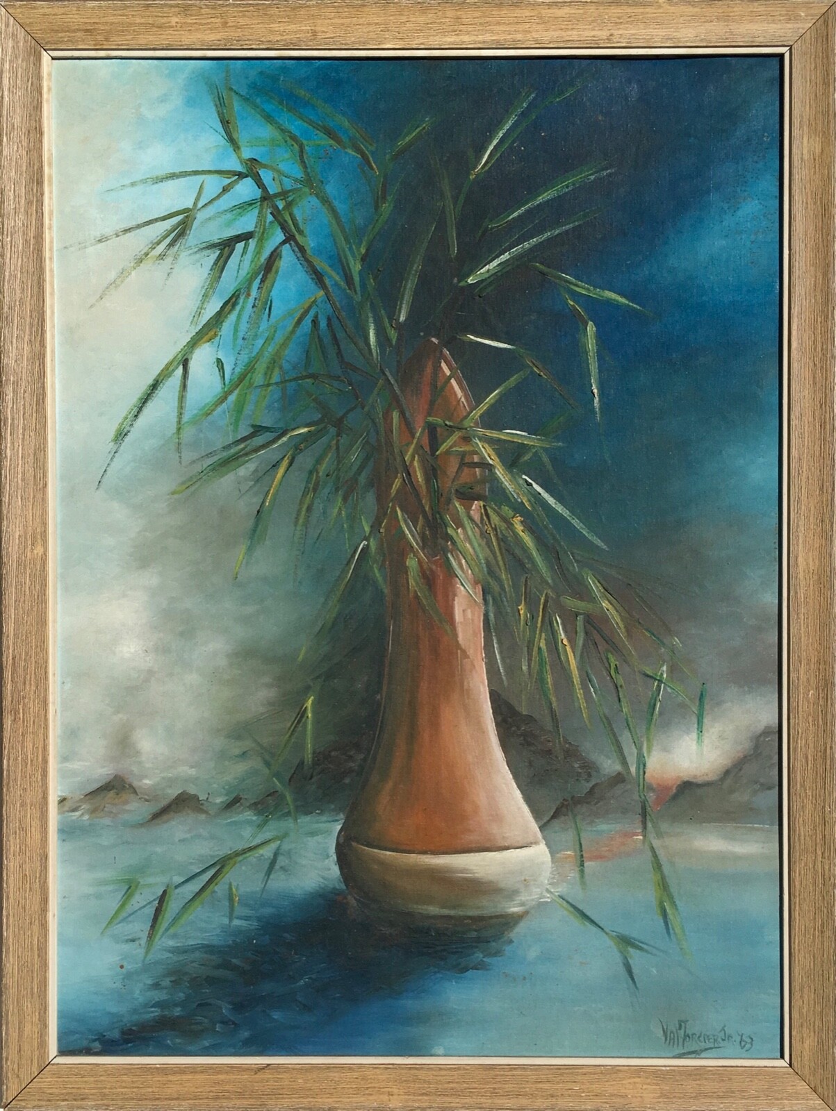 1960s Surreal Ikebana Still Life Vase Volcano Lava Seascape Oil Painting Signed