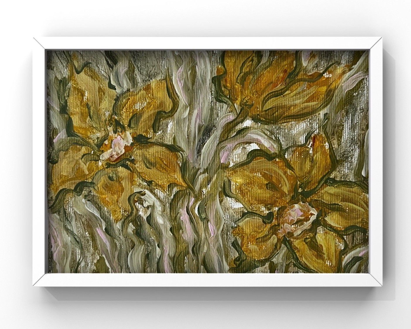 Moody Daffodils Framed Art Muted Daffodil Flowers Original Oil Painting Canvas