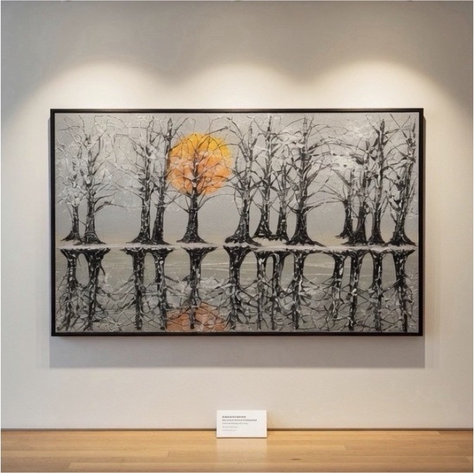 Framed Modern Painting Black & White Trees Forest Landscape with Orange Sun