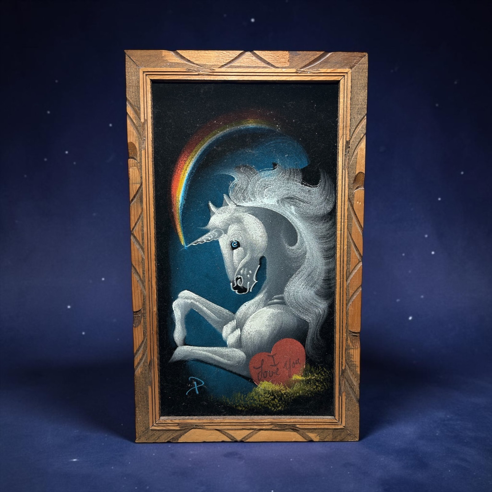 VTG Black Velvet Painting White Unicorn Rainbow I Love You Carved Wood Frame
