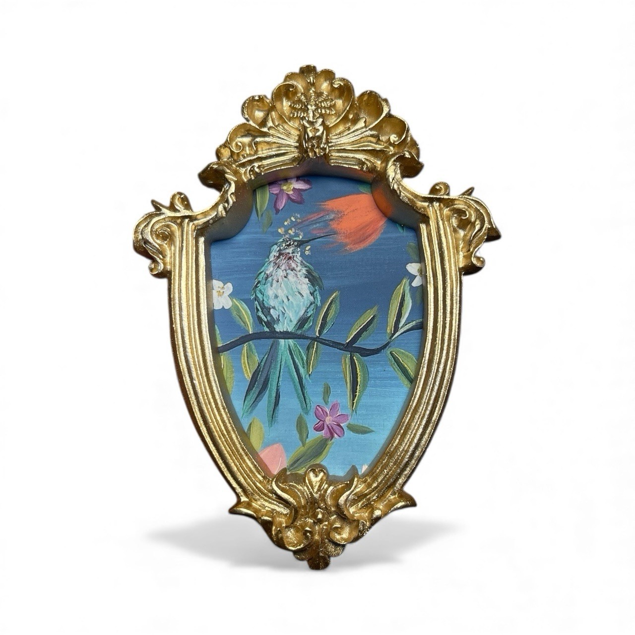 Hummingbird watercolor mini art print in a gold vintage style ornate frame