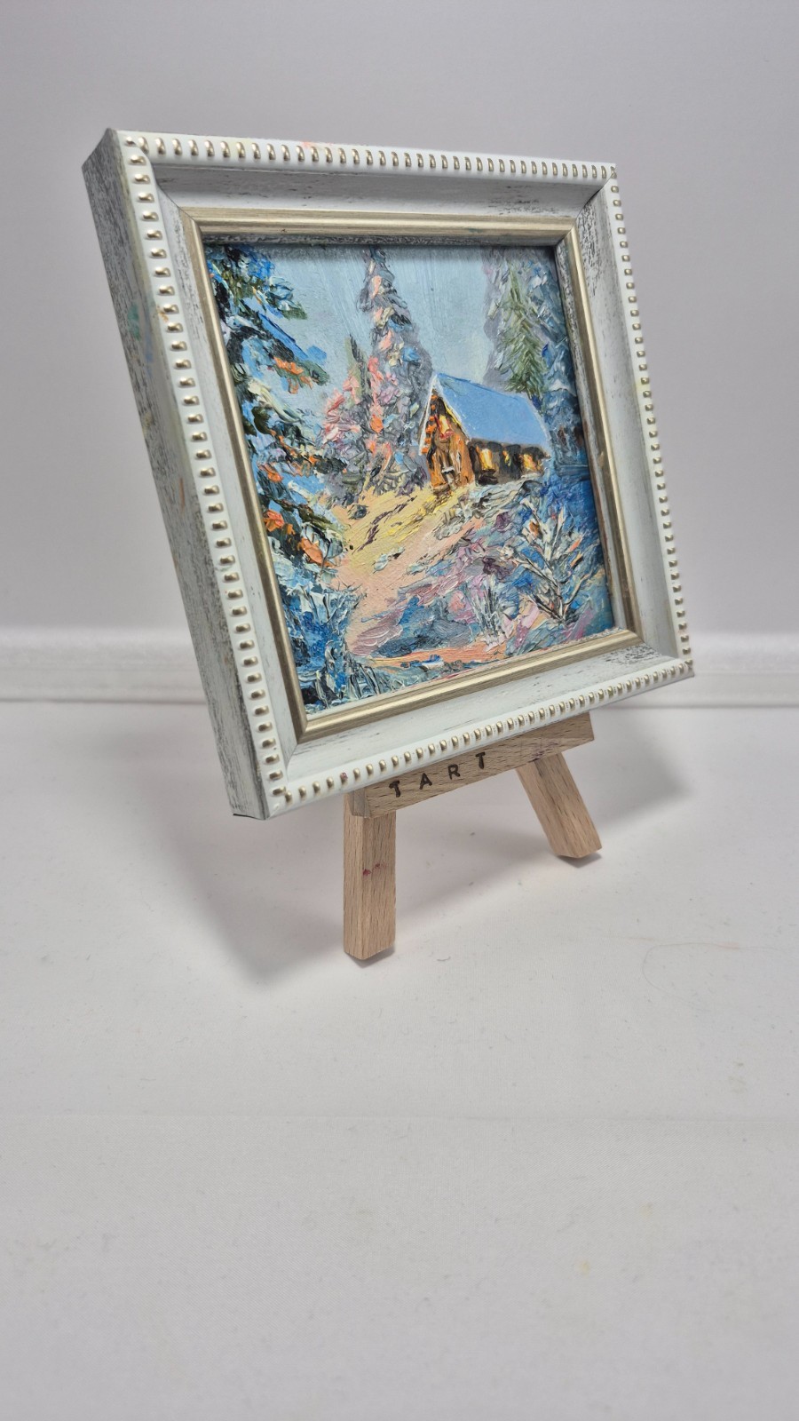 original oil painting in a frame. winter landscape cottage in the forest. 4х4