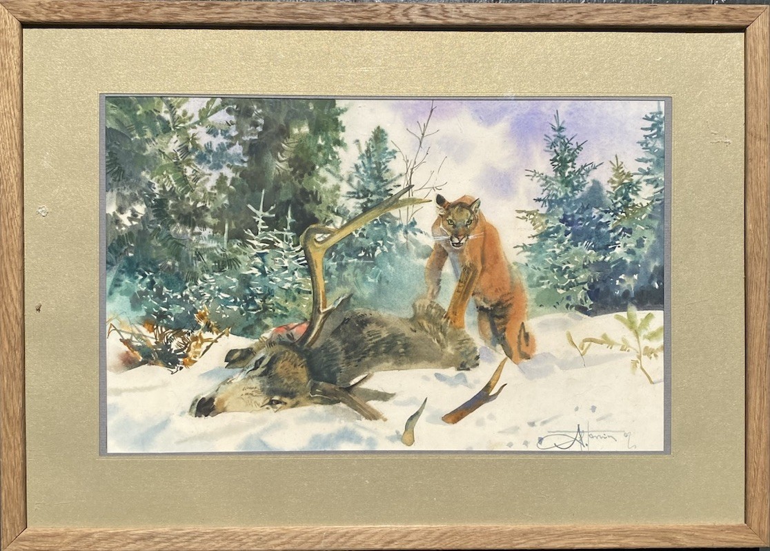 Signed Ukrainian Cougar Deer Watercolor Wildlife Winter Forest Painting 1992