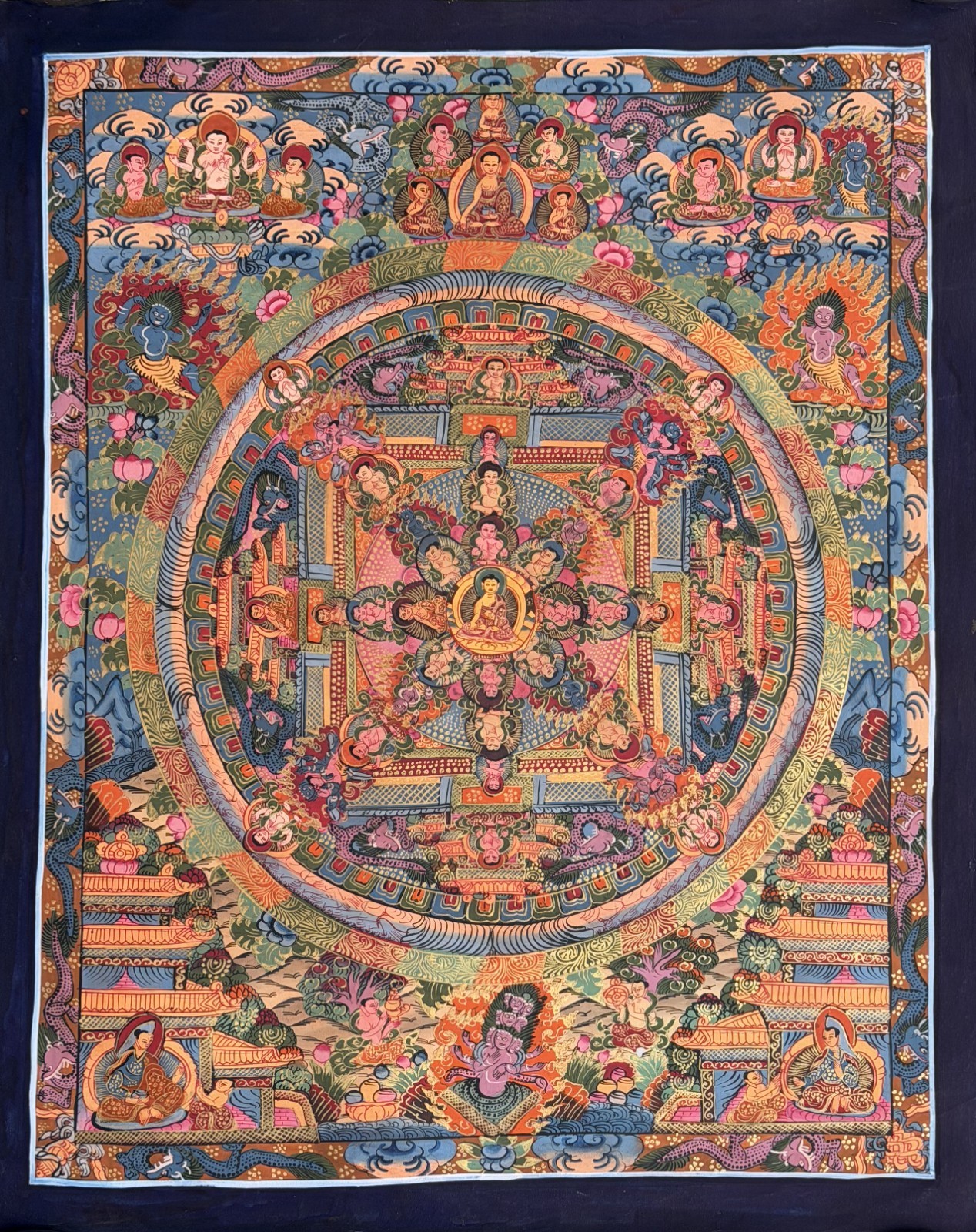 HAND-PAINNTED BUDDHA LIFE STORY BIG CIRCLE MANDALA TIBETAN THANGKA PAINTING