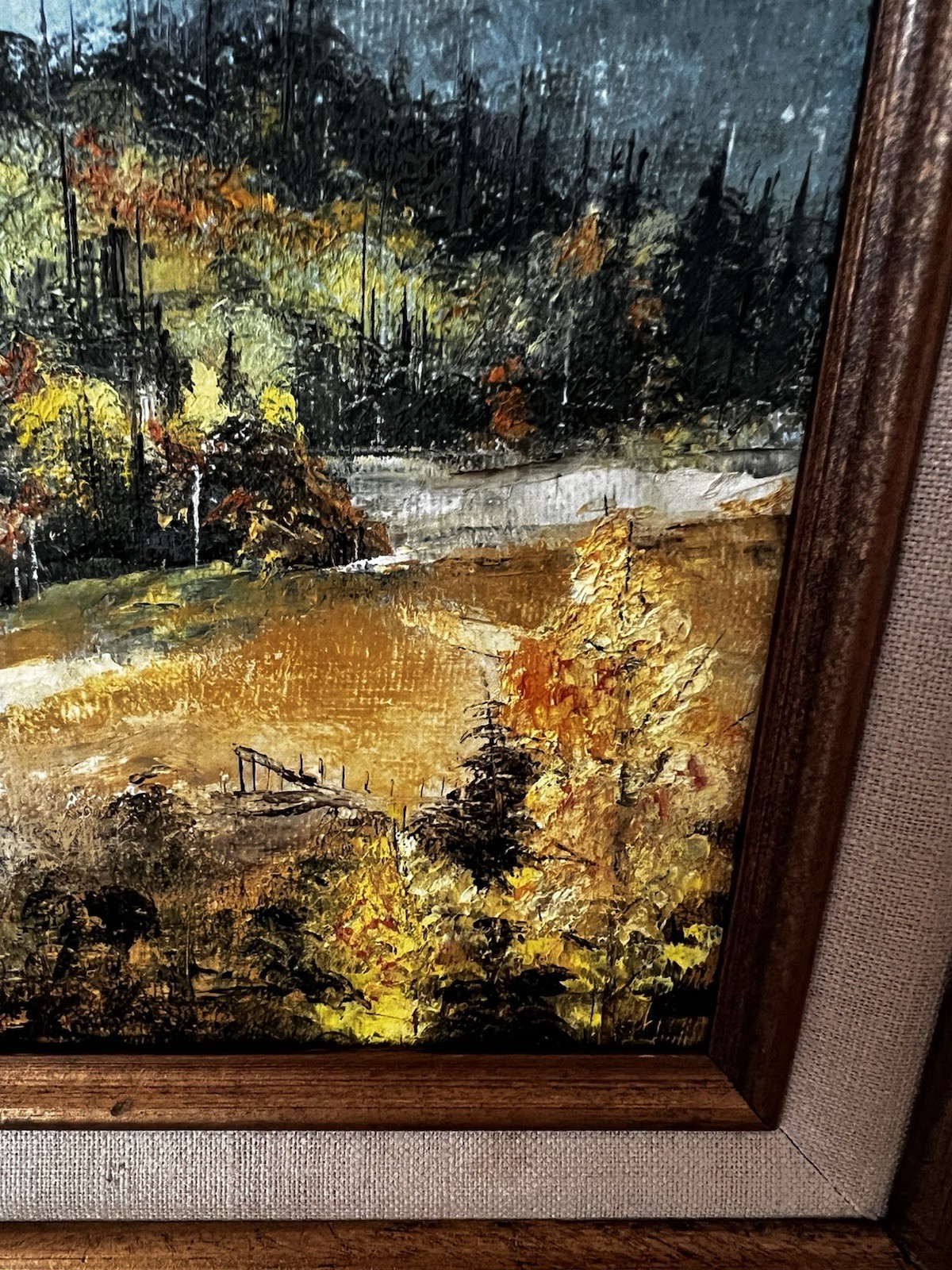 Vintage Pastoral Mountain Scene Cabin Framed Oil Painting EM STOUT 13 x 15
