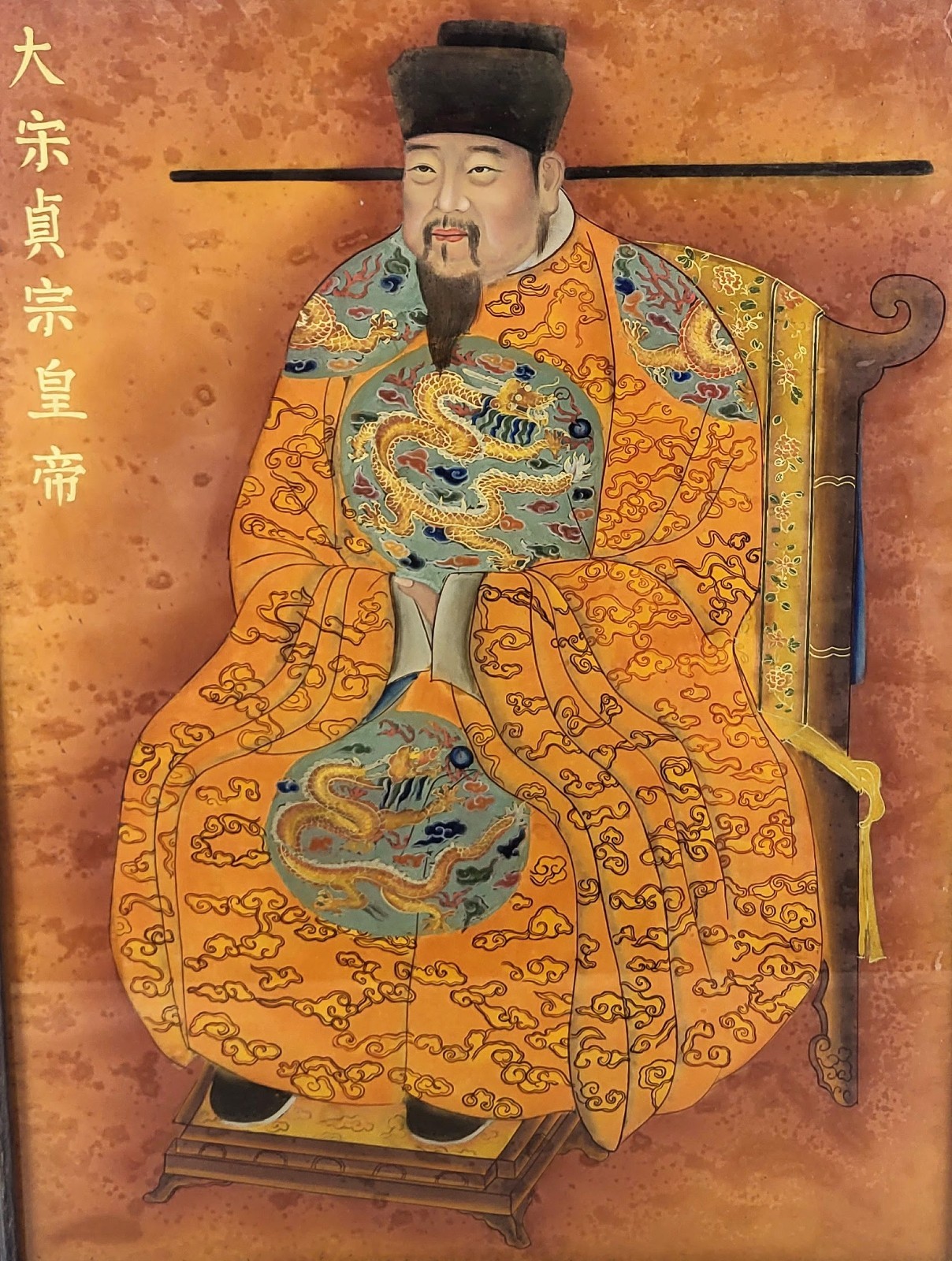 LARGE Antique CHINESE Asian Framed REVERSE PAINTING on GLASS – Emperor Hongxi