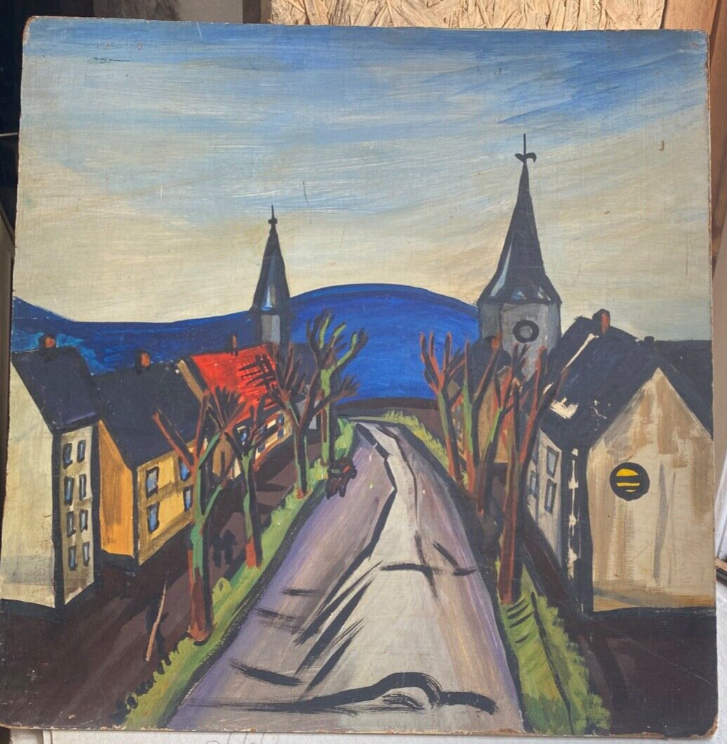 Oil painting modern composition small town with street church houses mountains