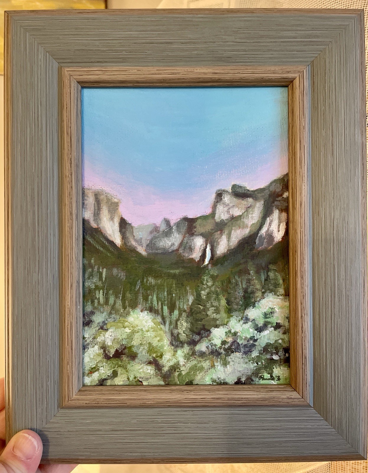 Yosemite Valley Sunset Original Painting Framed 5×7 Mountain Art