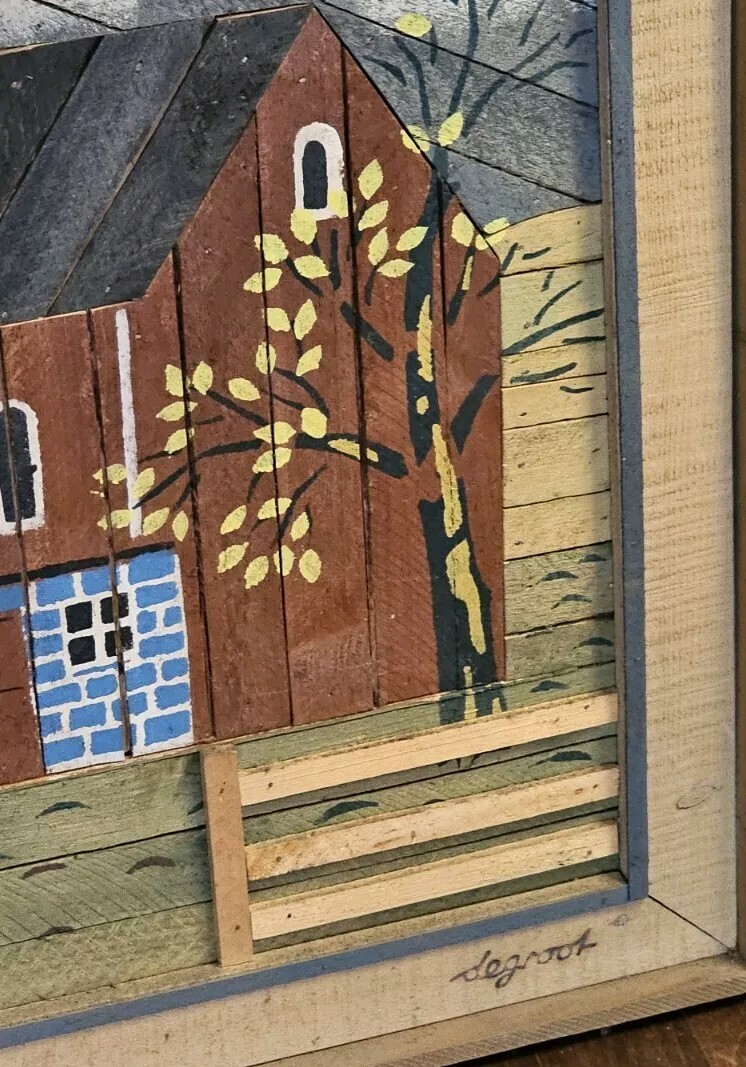 Vintage Theodore Degroot Lath Art Farm Wood Mosaic 37×25 Signed Folk