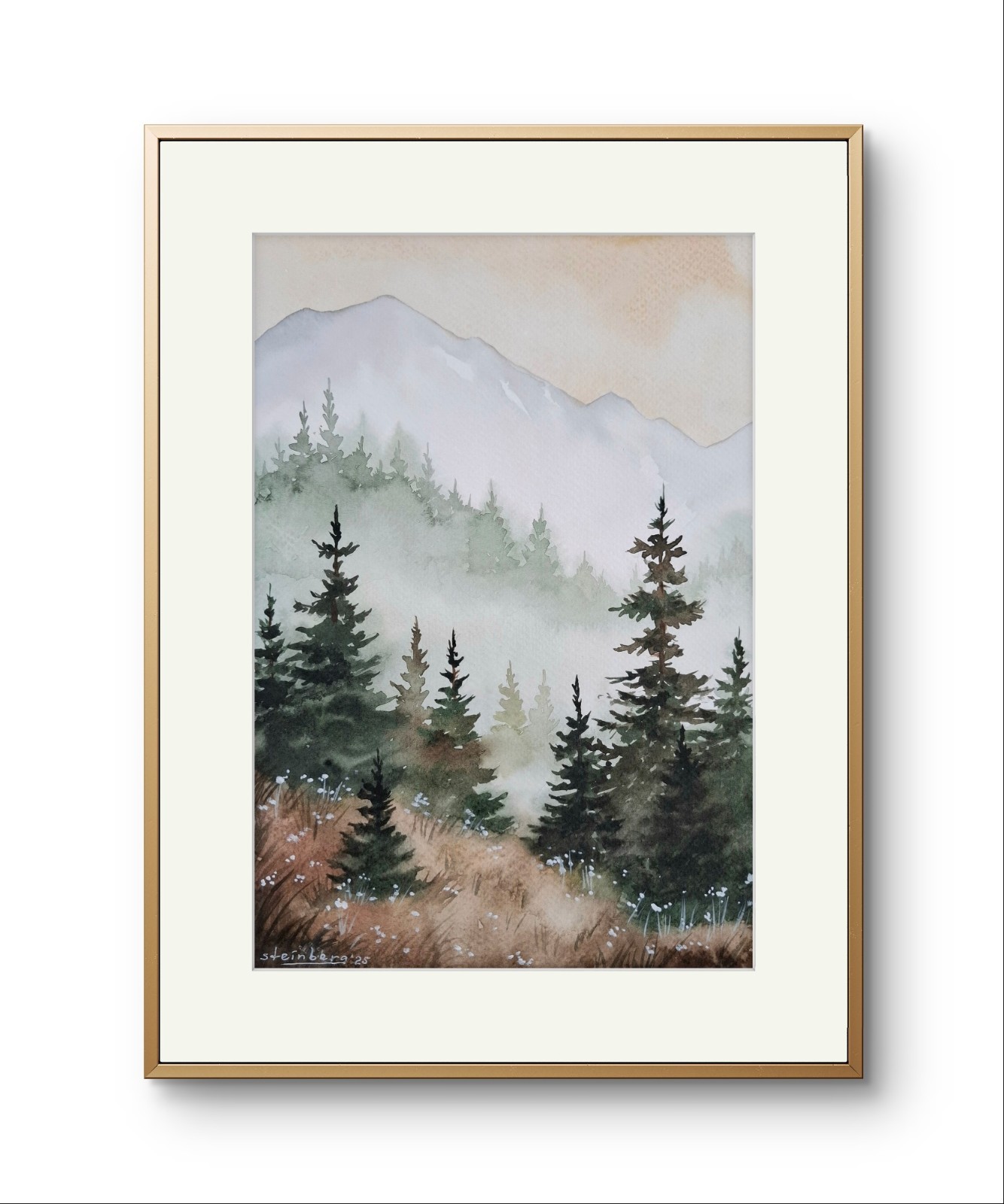 Watercolour Original Mountain Landscape Flowers Forest Painting Painting Landscape
