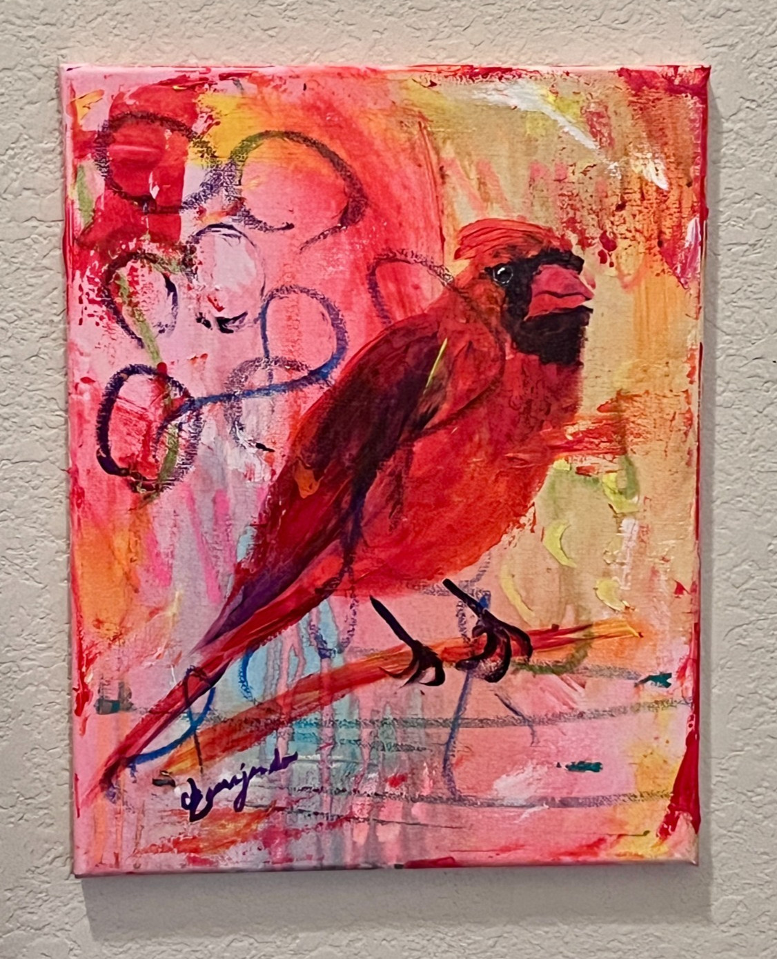 GUAJARDO Original Expressionism Neon Cardinal on Branch 14X11 Canvas Signed Art