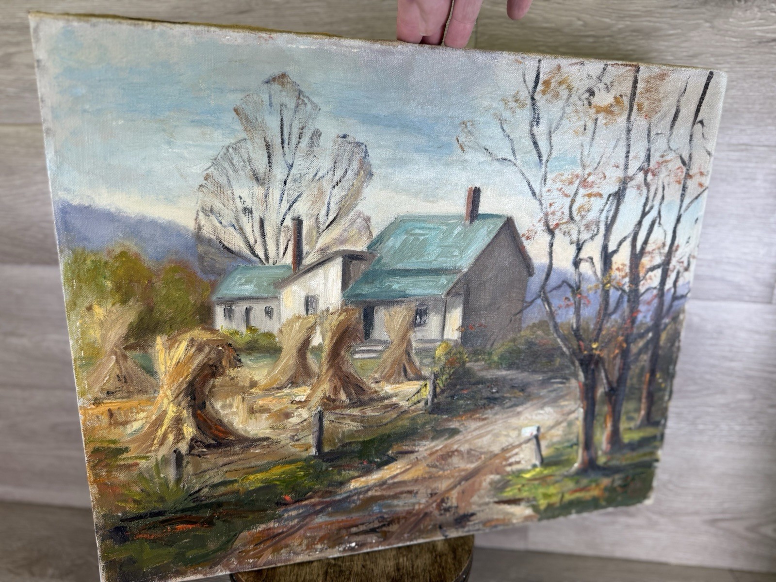 Vintage Colonial Harvest Homestead Landscape Farm Original 16×20