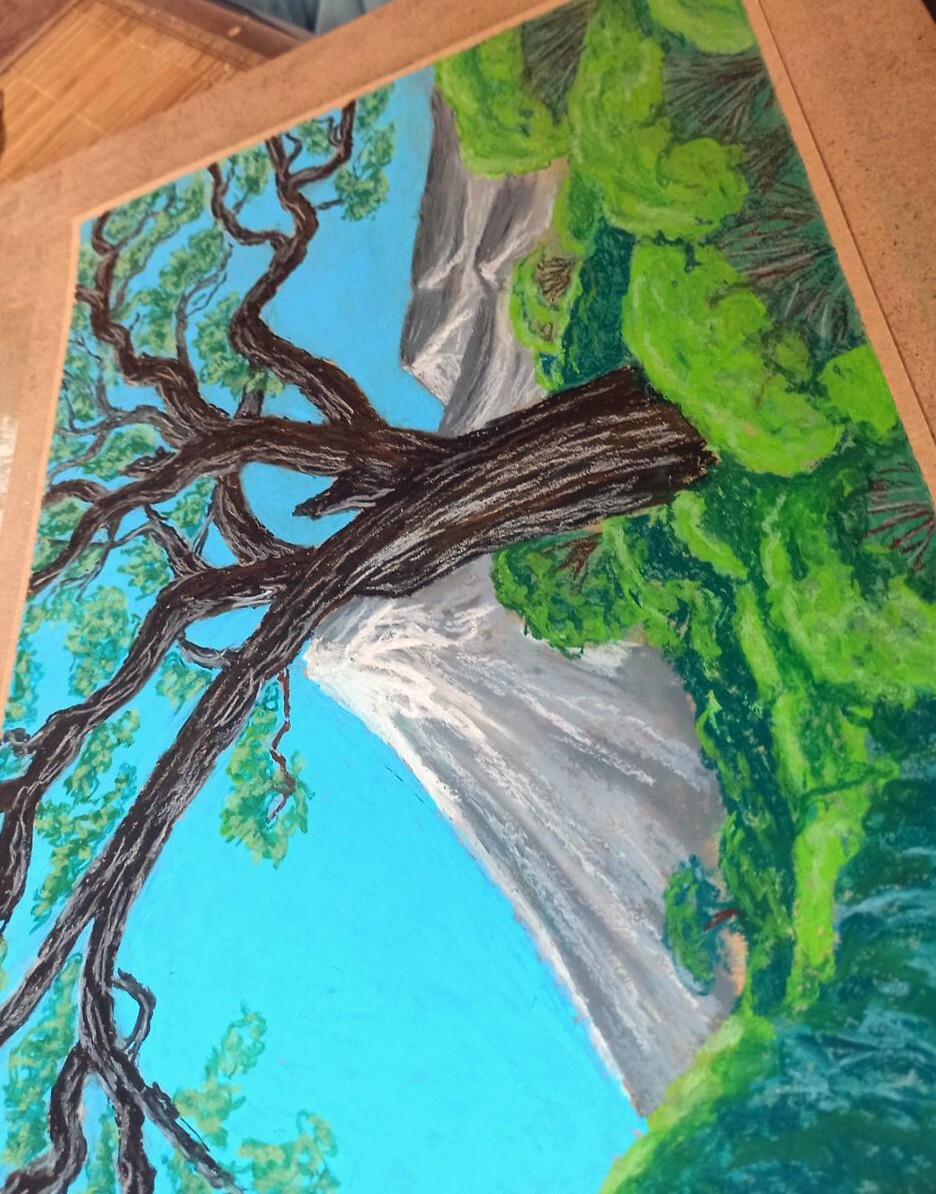Landscape Artwork Tree Mountain Blue Sky Oil Pastel On Art Paper A3 30x40cm