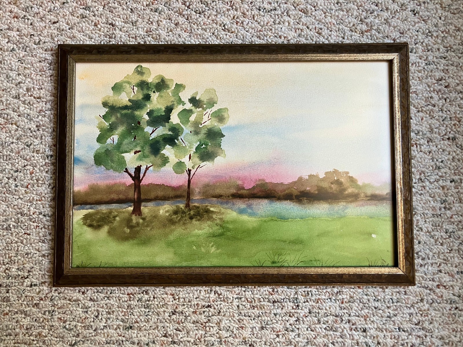 VTG 1960s-70s Original Watercolor Landscape (~12×18) in VTG Frame; Trees, Water