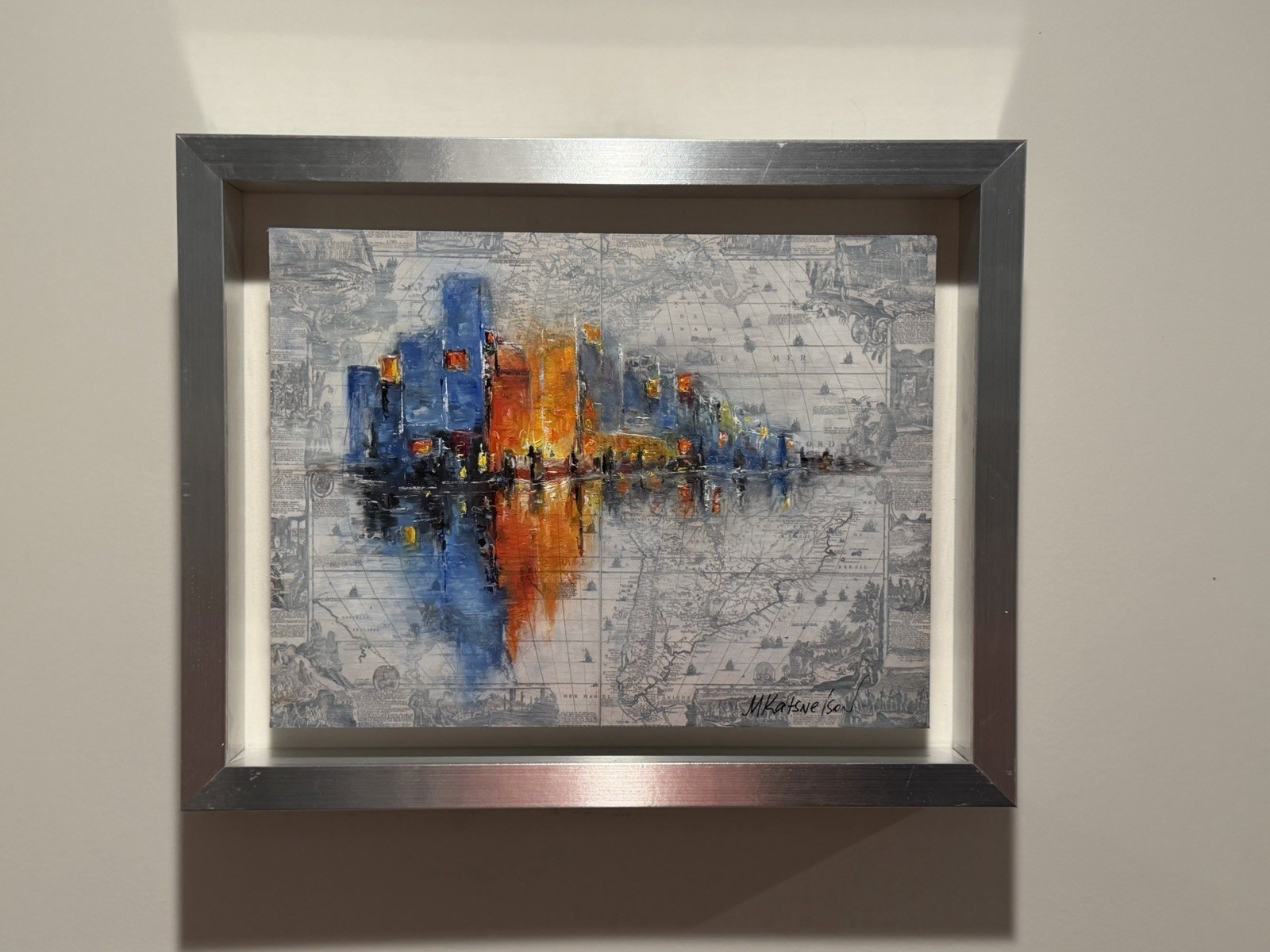 Urban Reflection-abstract Cityscape Oils In Aluminum Map Image, Framed 11”x14”