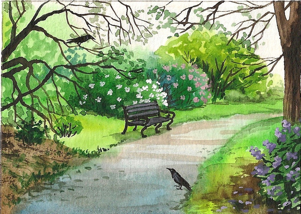 4×6 PRINT OF PAINTING CROW RYTA LANDSCAPE folk ART flowers spring garden park 🌺