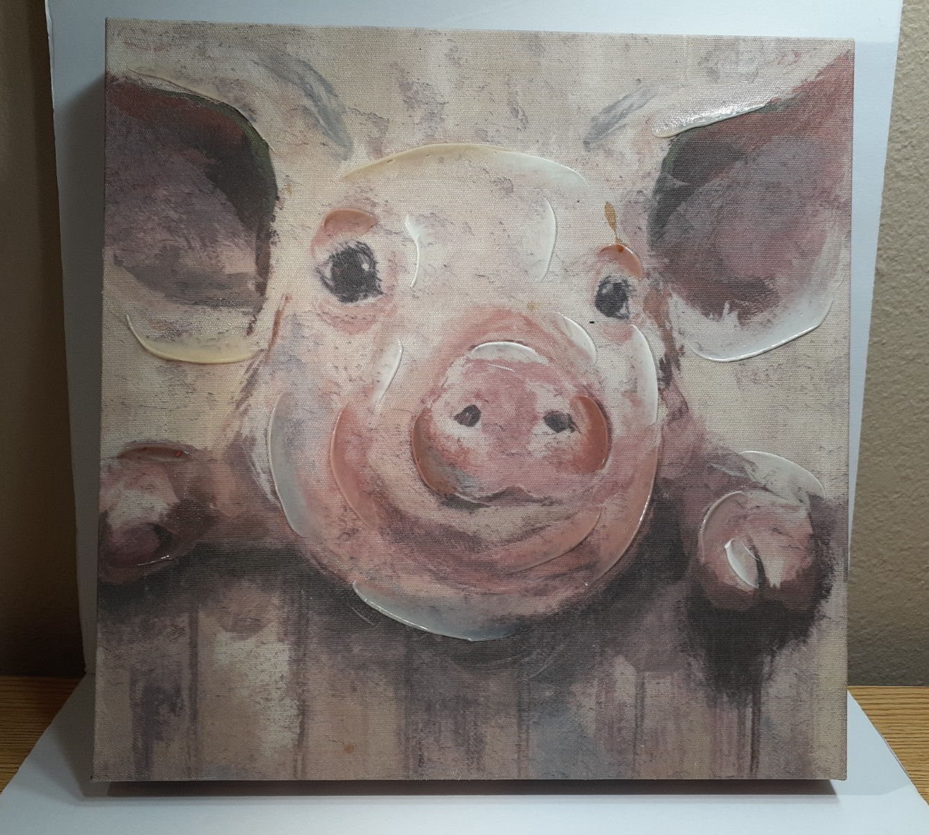 Cute Art Pig Piggy Farmhouse Looking over a Fence 12×12 in very good condition.