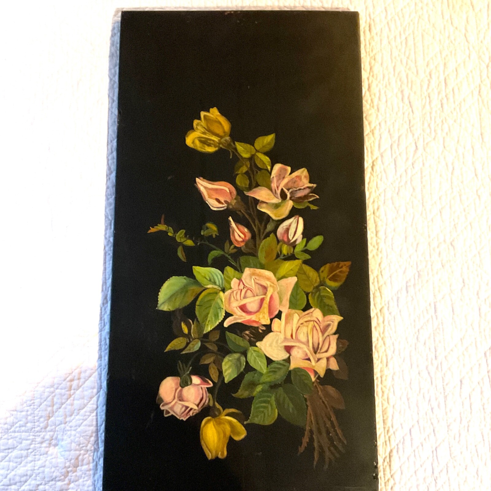 Victorian antique pink rose hand painted original oil PAINTING floral vintage