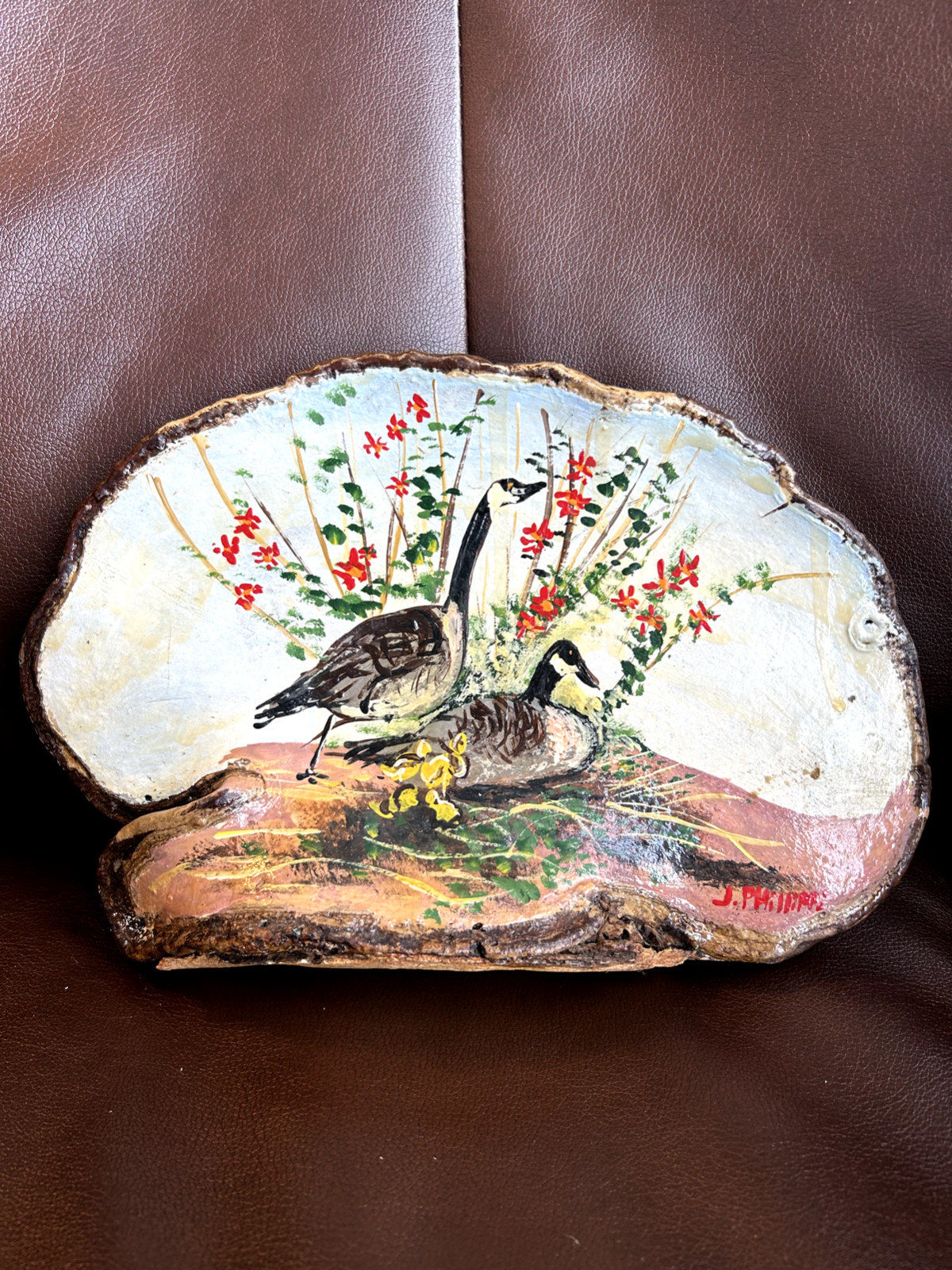 VTG HAND PAINTED «GEESE» TREE CONK SHELF MUSHROOM FUNGUS SIGNED FOLK ART
