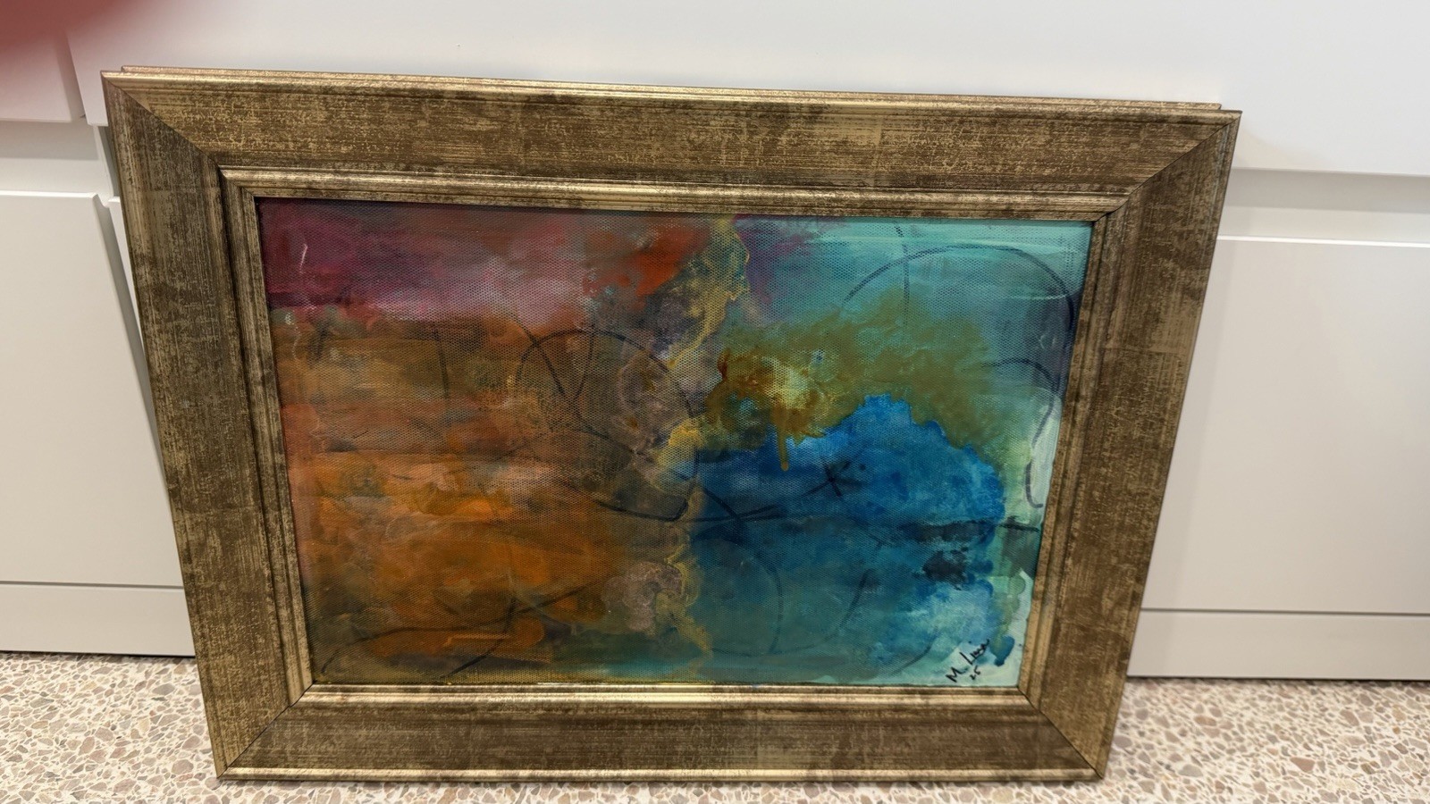 Original Acrylic Painting, Abstract With Ink Background 16 x 12, Wood Frame