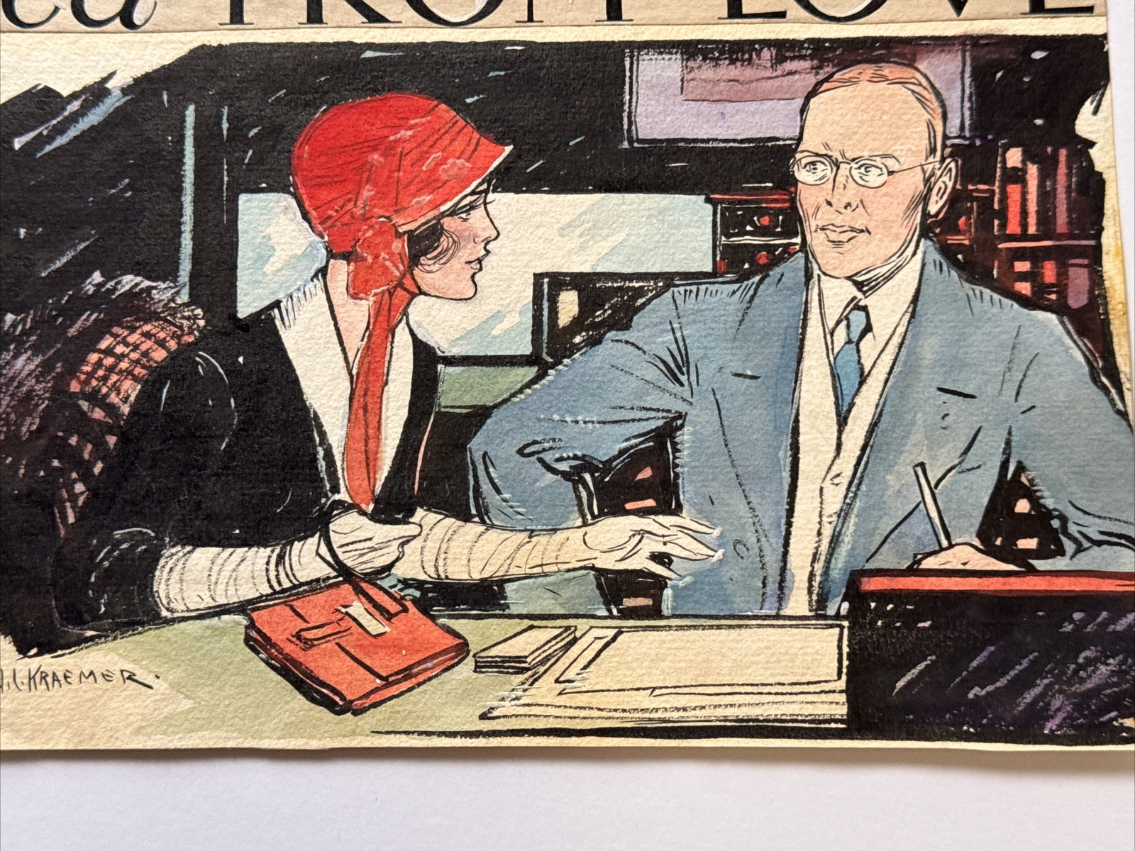 ANTIQUE ART DECO PAINTING ILLUSTRATION SPY LOVE JOSEPH L KRAEMER LISTED FAMOUS