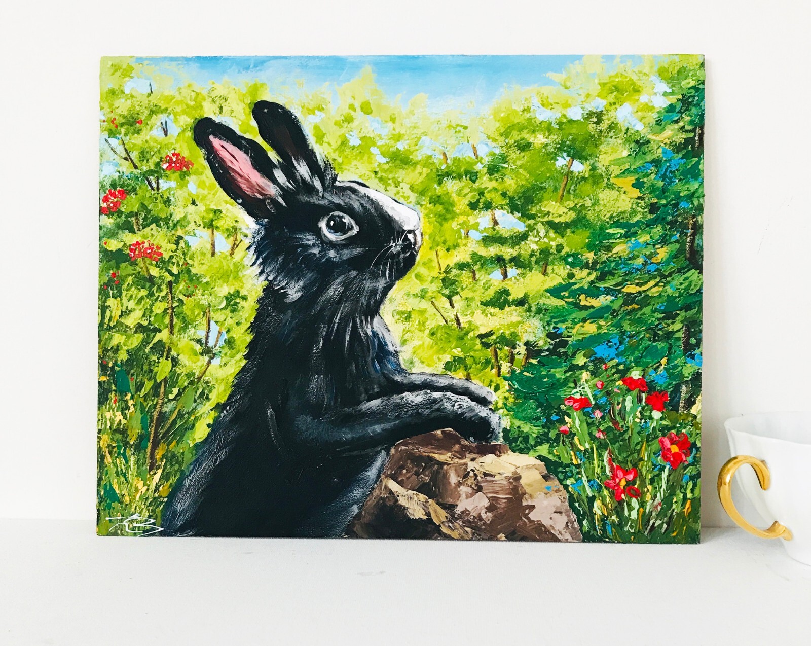 Original Art Rabbit Painting Easter Gift Black Bunny Lover Gift Figurine 9 x 12″