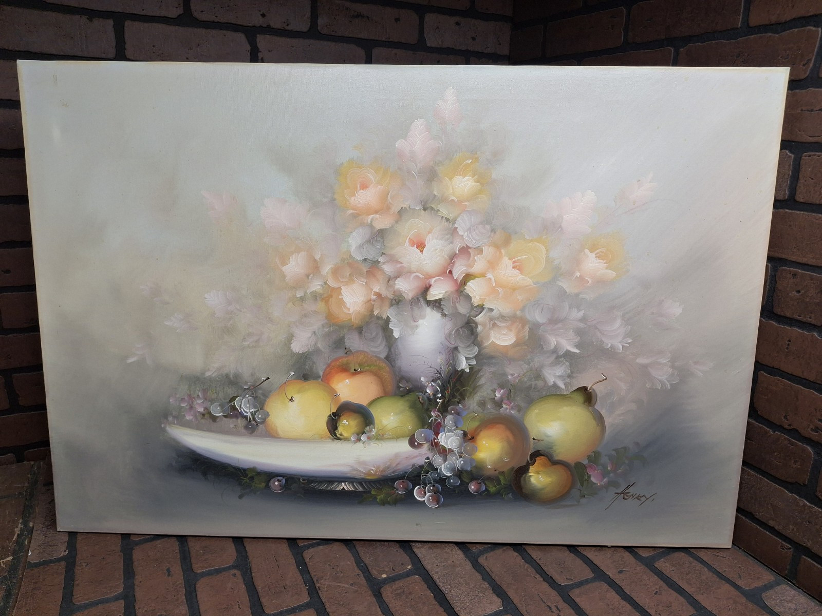 Vintage Original Oil Painting Fine Still Life Basket of Flowers and Fruit Signed
