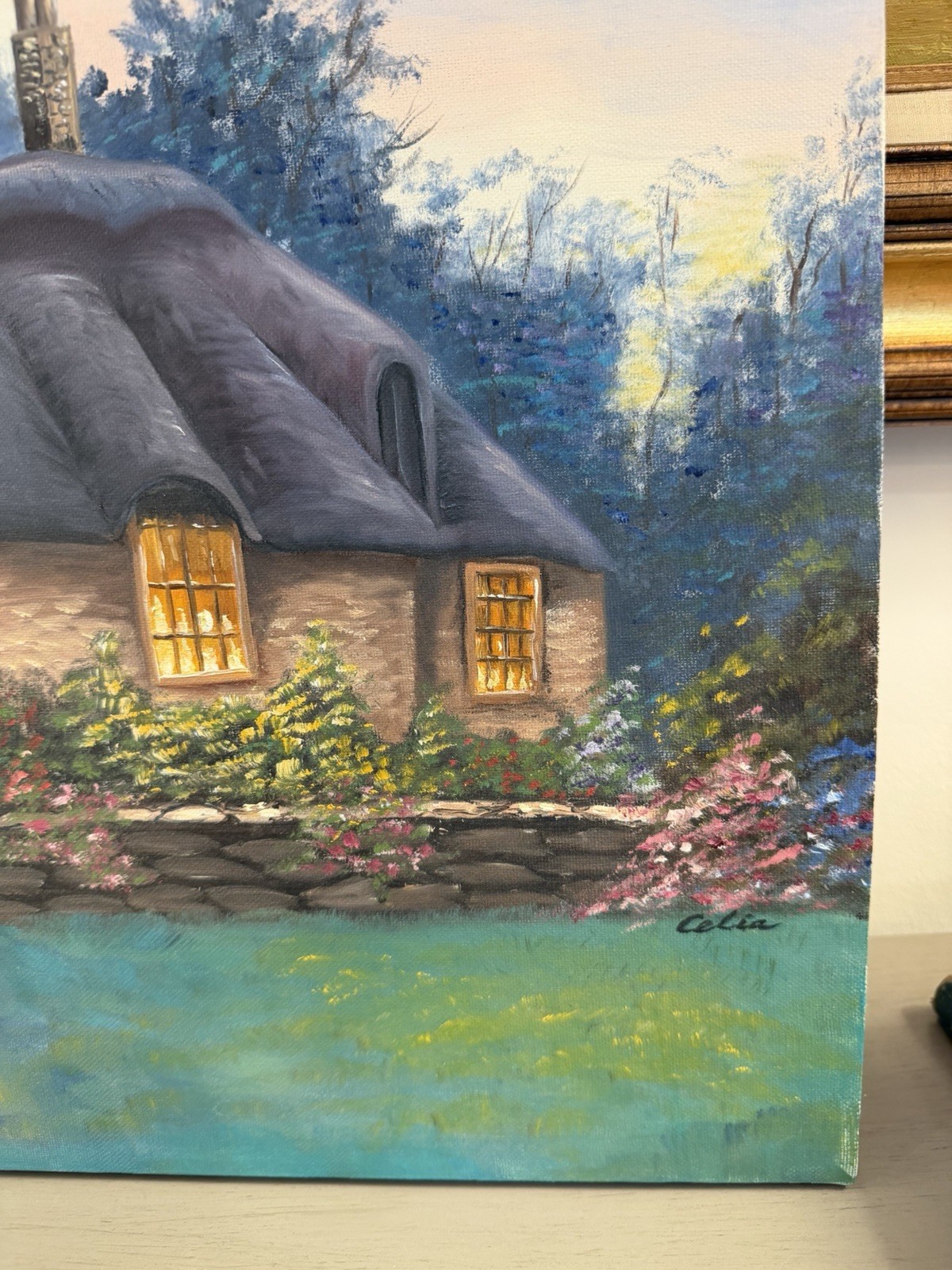 Original Oil Painting Cozy English Cottage & Garden Landscape 16×20” Canvas Art