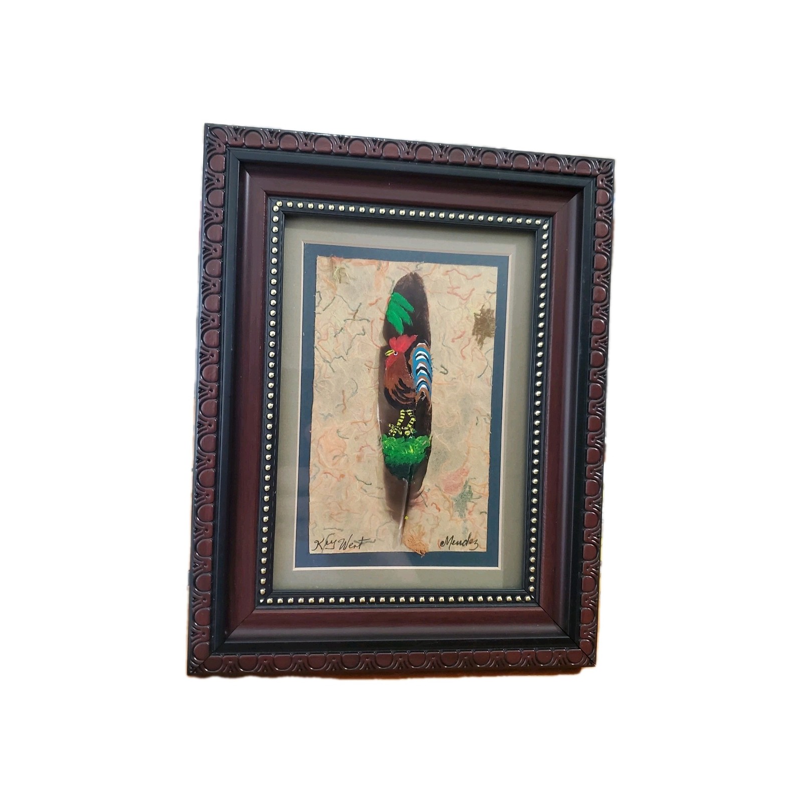 MENDEZ PAINTED FEATHER ART ROOSTER ARTIST SIGNED FRAMED MATTED KEY WEST 5″X7″