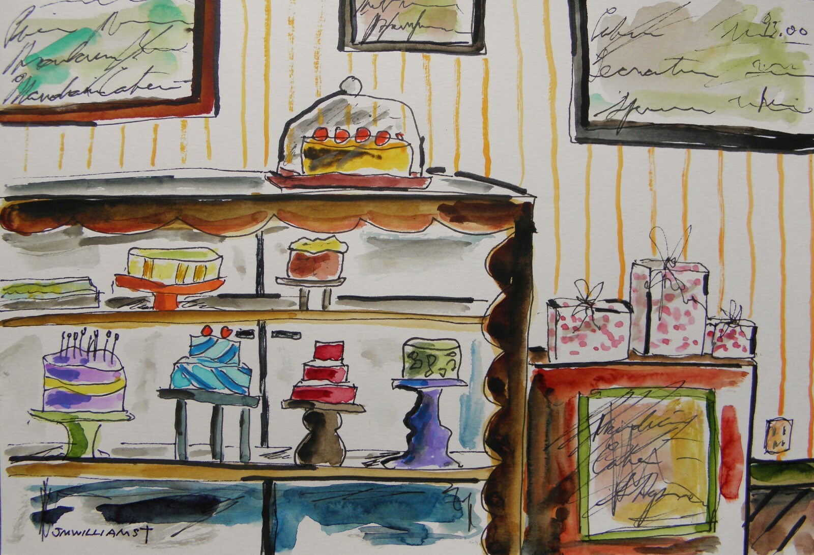 ORIGINAL Bakery Sketch cakes pie pastries food watercolor impressiomism