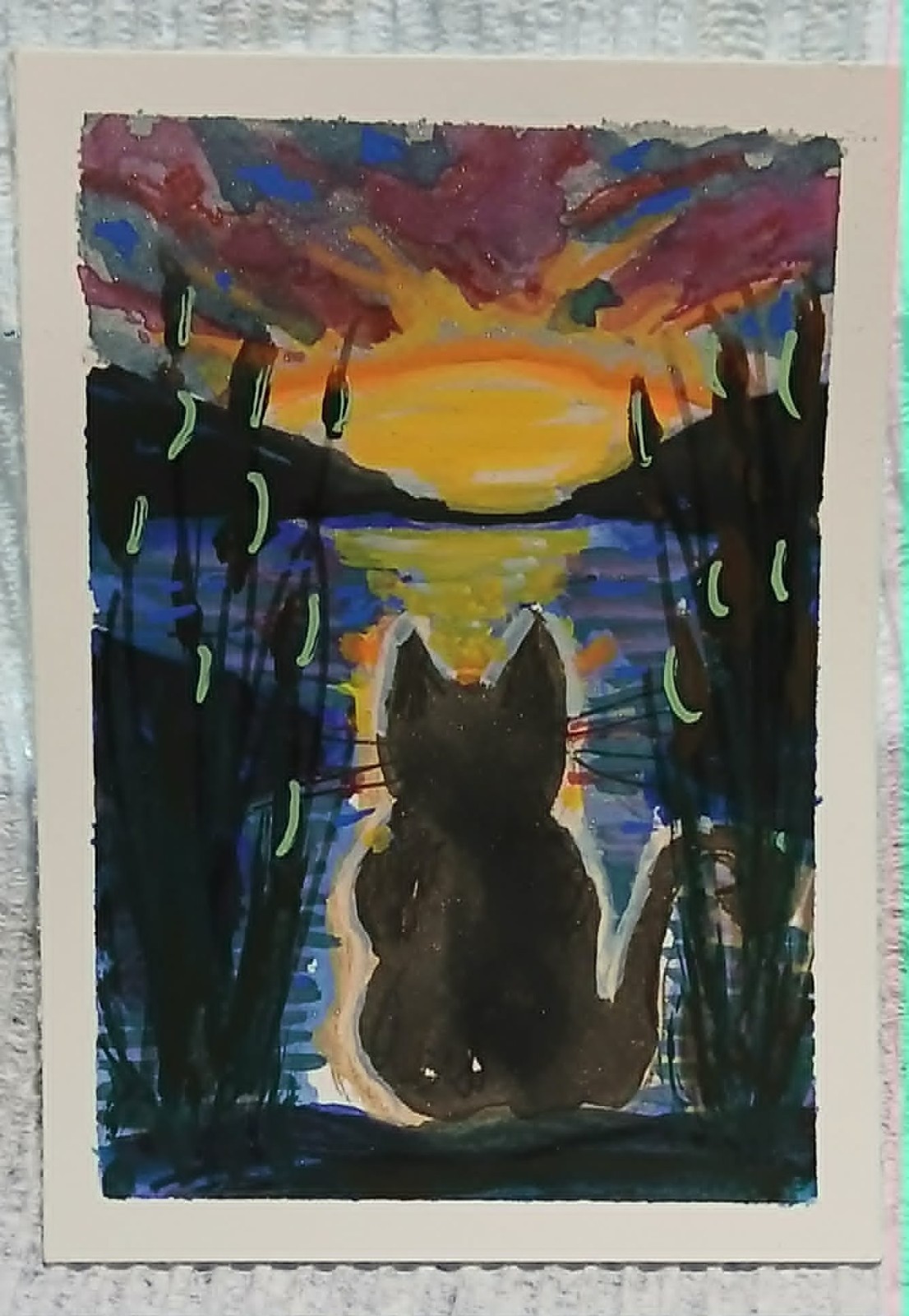 OOAK Watercolor ACEO – Cat at Molten Sky Sunset – Dramatic Firelight Scene by Vi