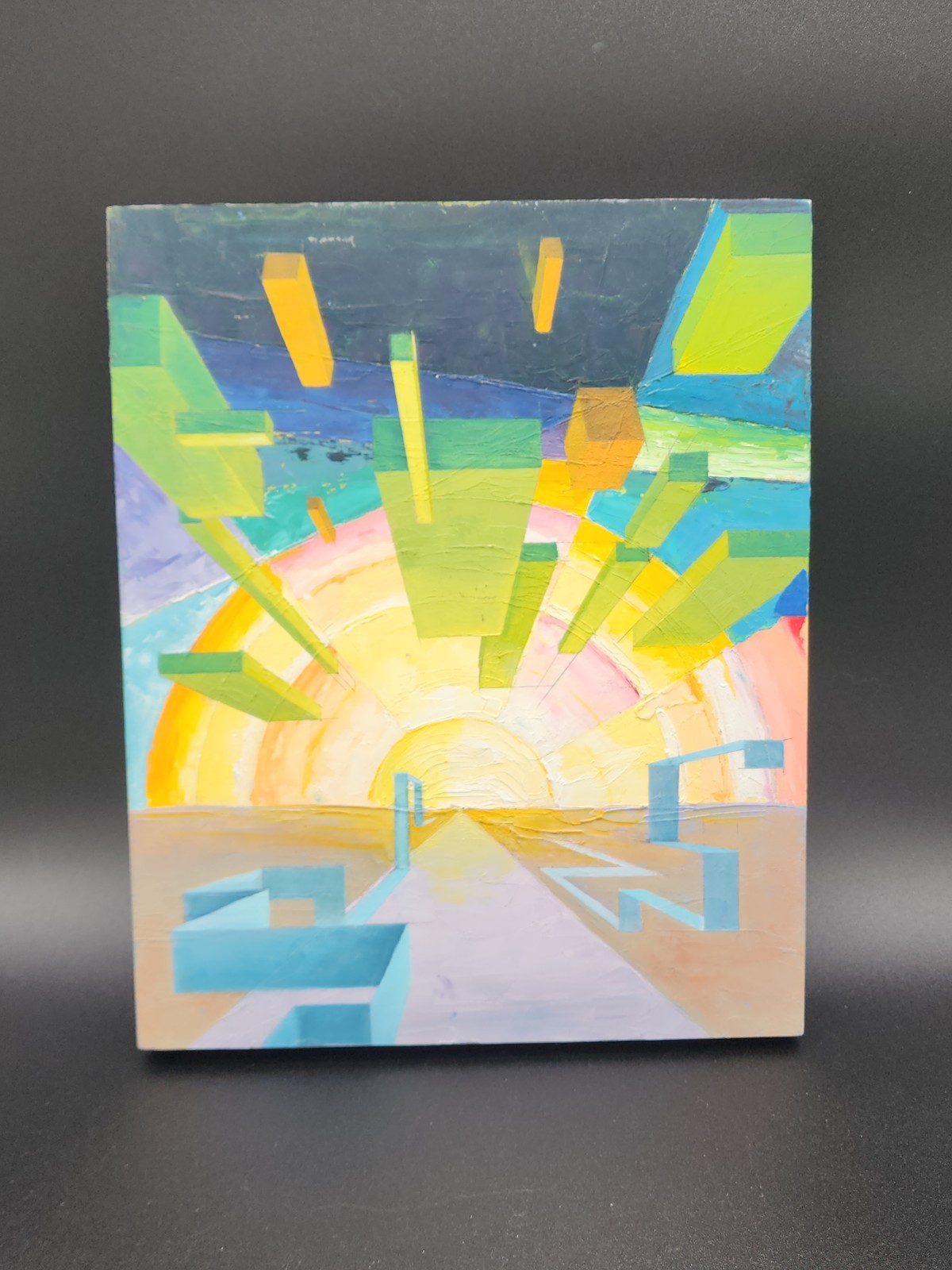 Abstract Painting Sunrise Sunset Geometric On Wood Panel Colorful Cubist Modern