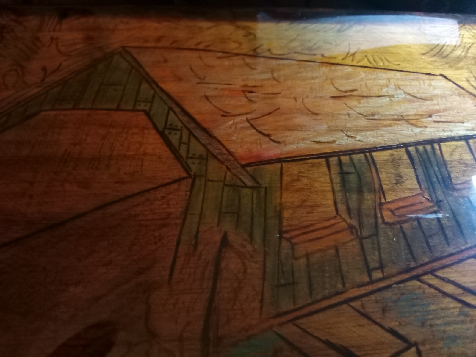 Wood Burning Scene Covered Bridge 2 Deer At Water 16″x11″x1″ Vintage 5 Pounds