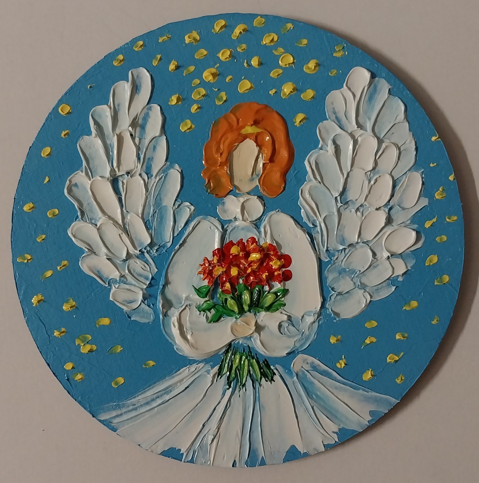 Angel With Flowers Bouquet Mini Round Canvas 4×4” Impasto Oil Painting Original